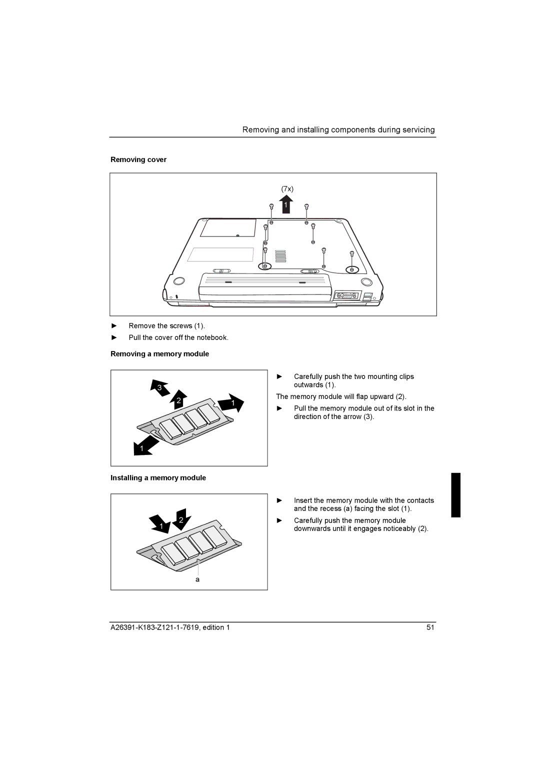 Fujitsu Siemens Computers V2035 manual Removing cover, Removing a memory module, Installing a memory module 