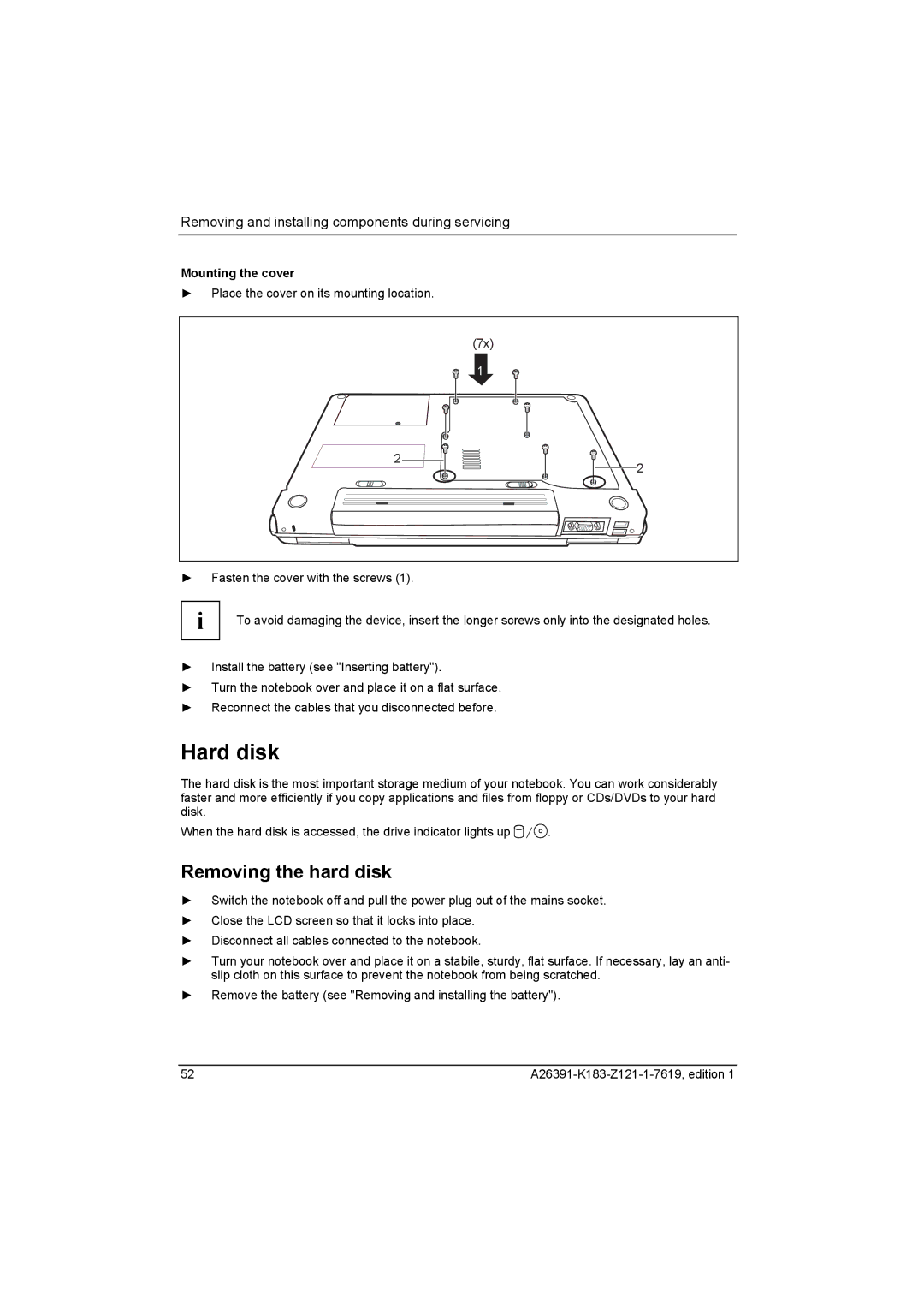 Fujitsu Siemens Computers V2035 manual Hard disk, Removing the hard disk, Mounting the cover 