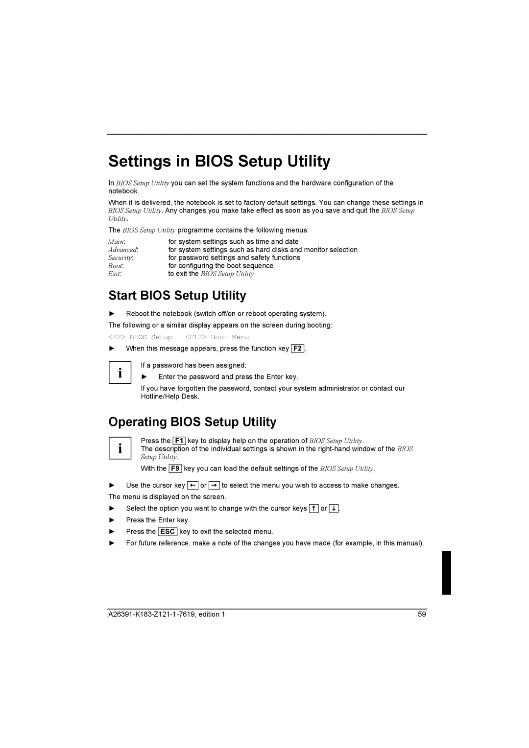 Fujitsu Siemens Computers V2035 Settings in Bios Setup Utility, Start Bios Setup Utility, Operating Bios Setup Utility 