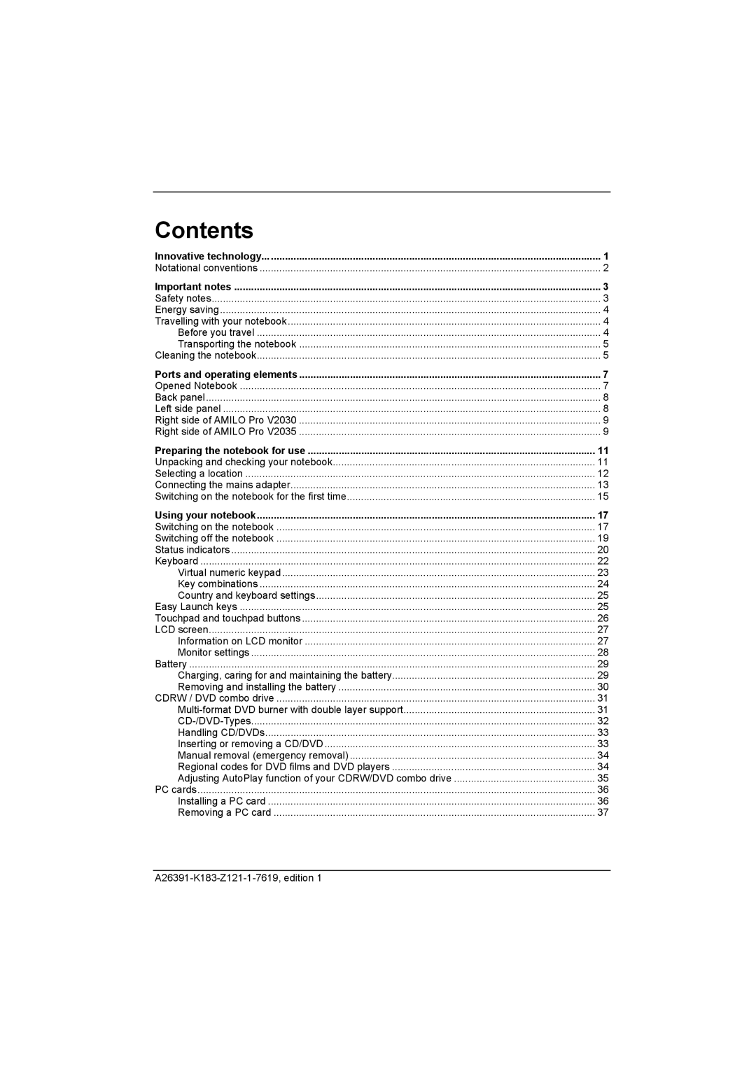 Fujitsu Siemens Computers V2035 manual Contents 