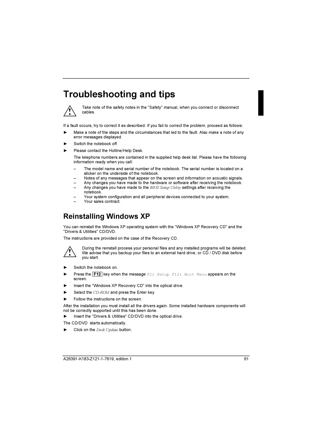 Fujitsu Siemens Computers V2035 manual Troubleshooting and tips, Reinstalling Windows XP, F12 