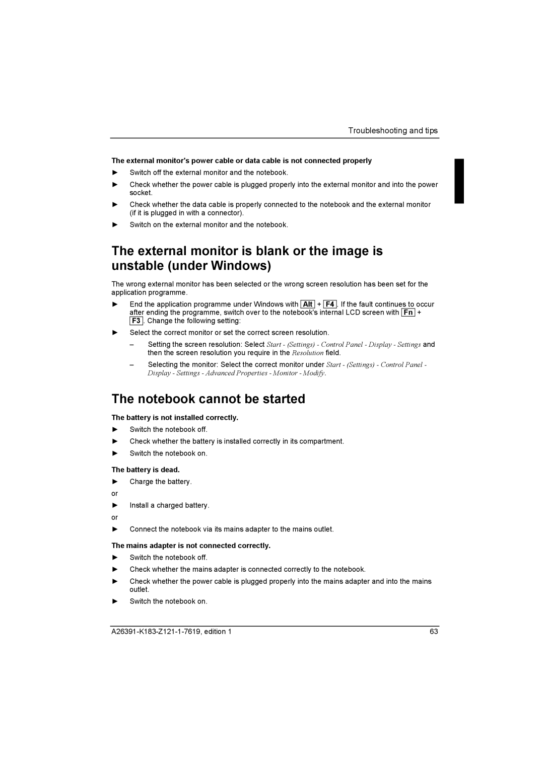 Fujitsu Siemens Computers V2035 manual Battery is not installed correctly, Battery is dead 