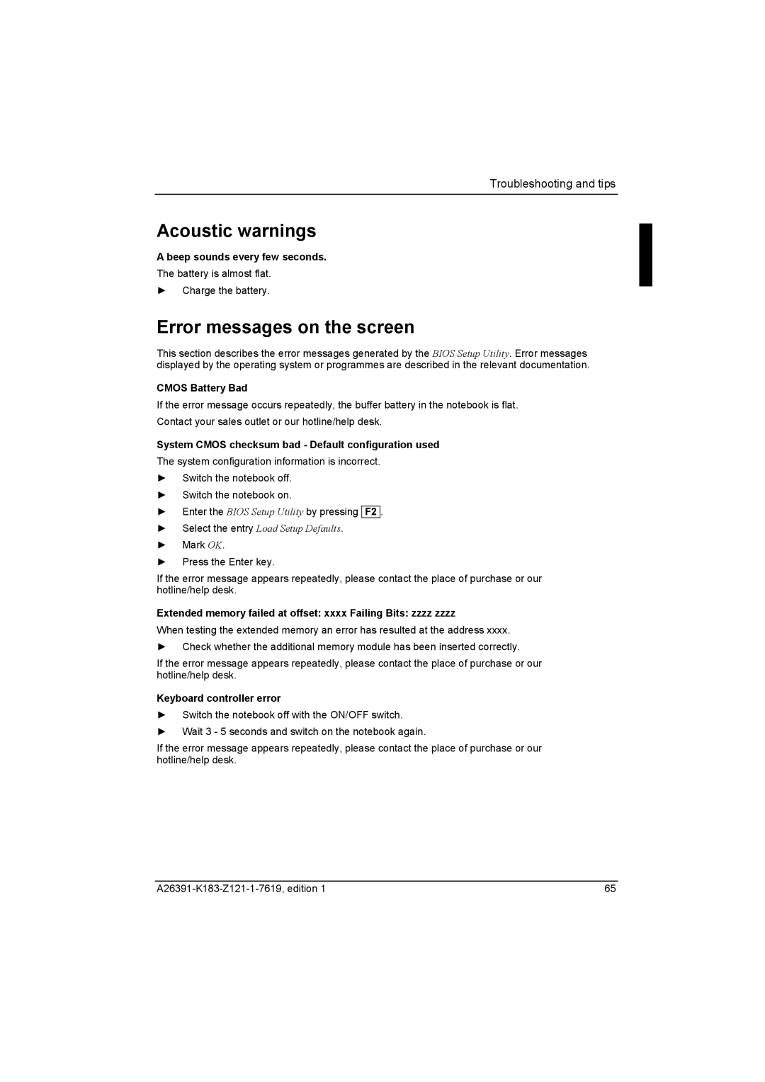 Fujitsu Siemens Computers V2035 manual Acoustic warnings, Error messages on the screen 