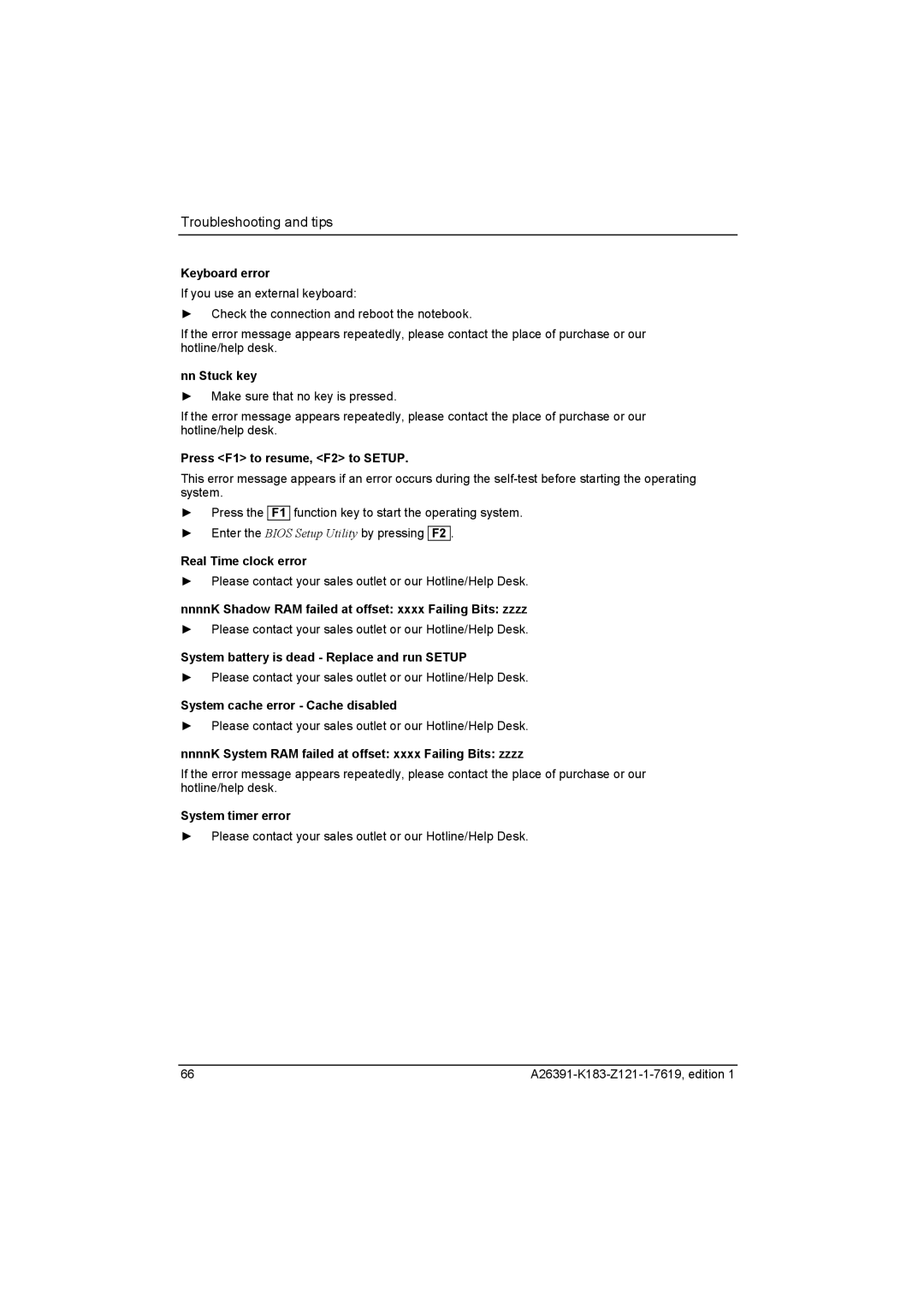 Fujitsu Siemens Computers V2035 manual Keyboard error, Nn Stuck key, Press F1 to resume, F2 to Setup, Real Time clock error 