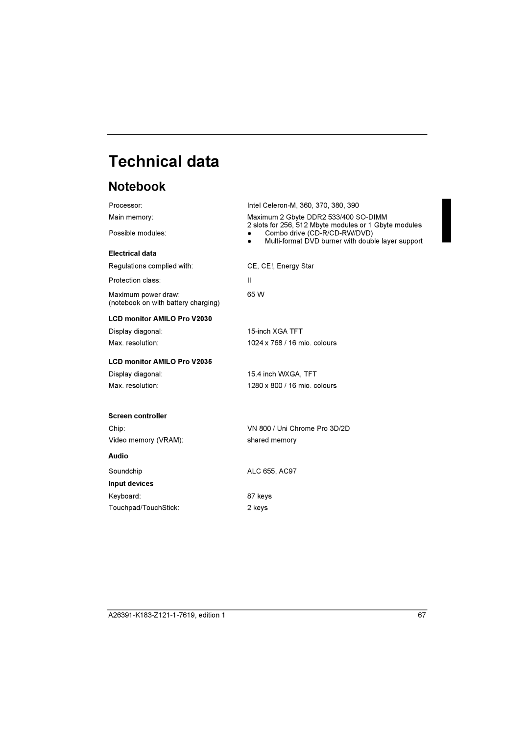 Fujitsu Siemens Computers V2035 manual Technical data 