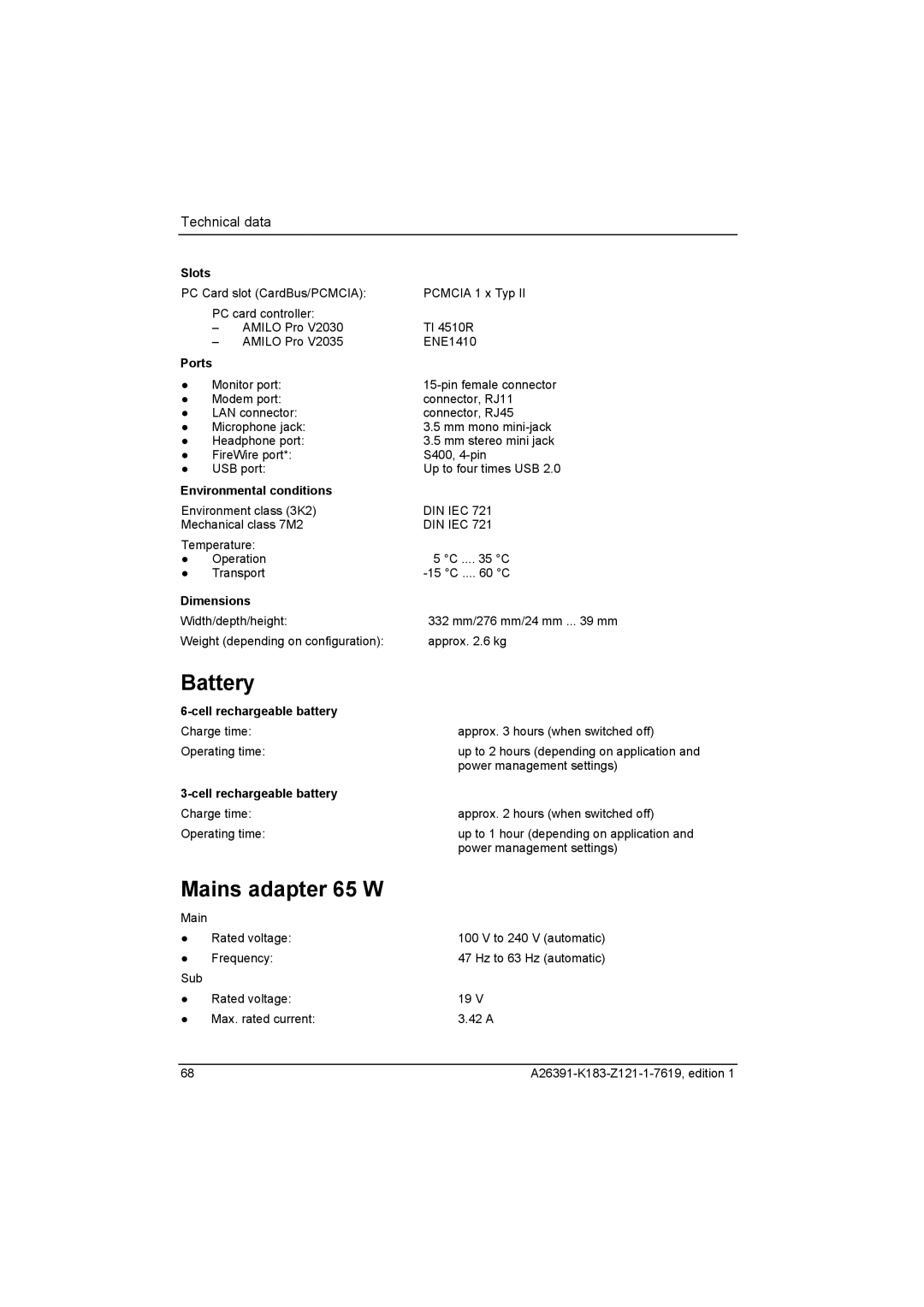 Fujitsu Siemens Computers V2035 manual Mains adapter 65 W 