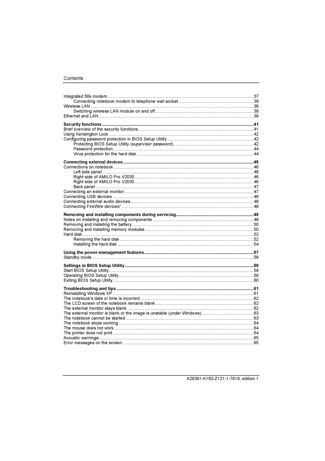 Fujitsu Siemens Computers V2035 manual Contents 