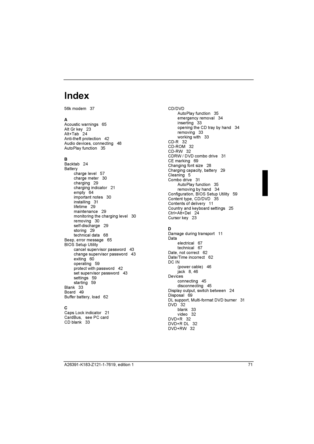 Fujitsu Siemens Computers V2035 manual Index, Cd/Dvd 