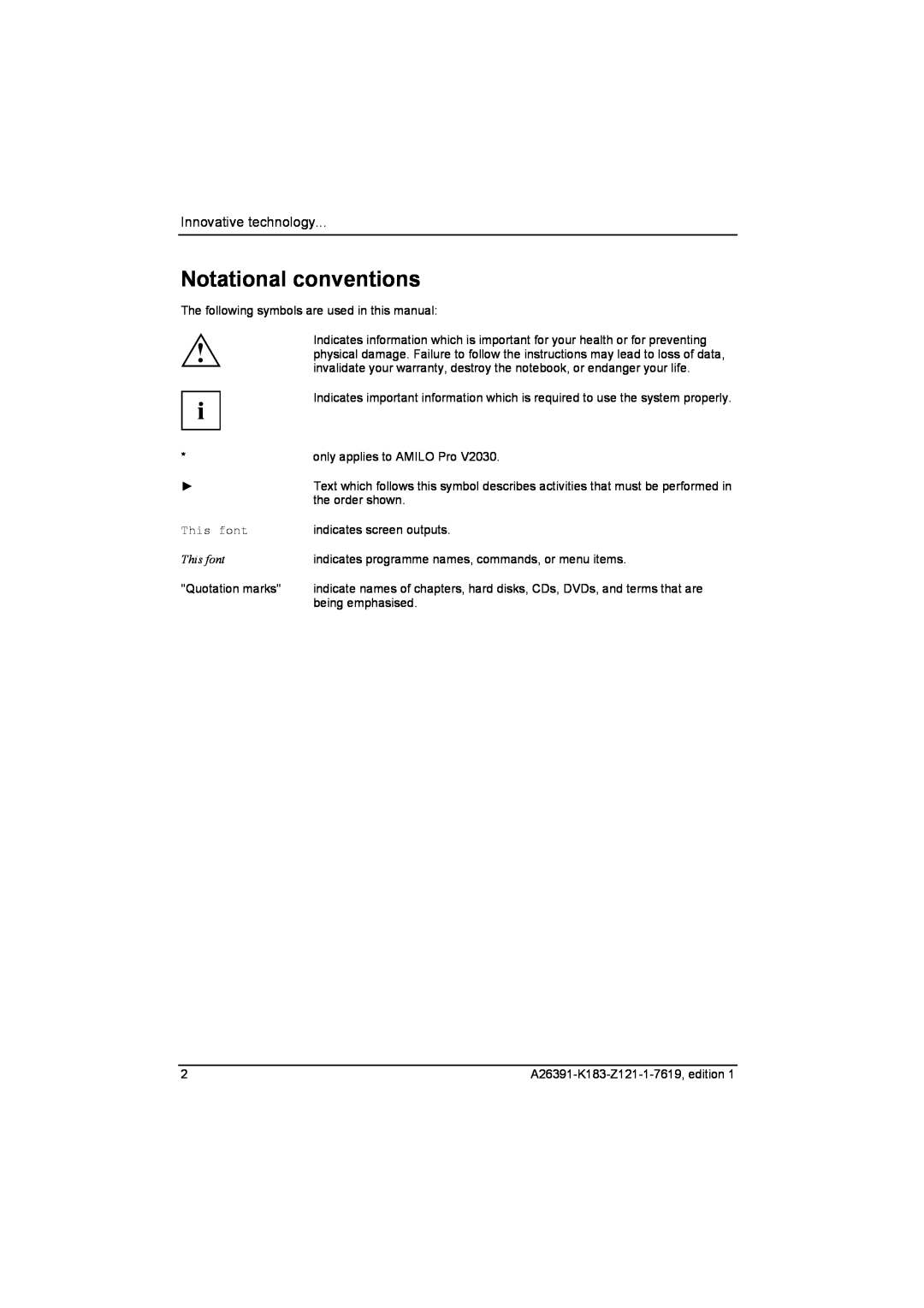 Fujitsu Siemens Computers V2035 manual Notational conventions, Innovative technology, This font 
