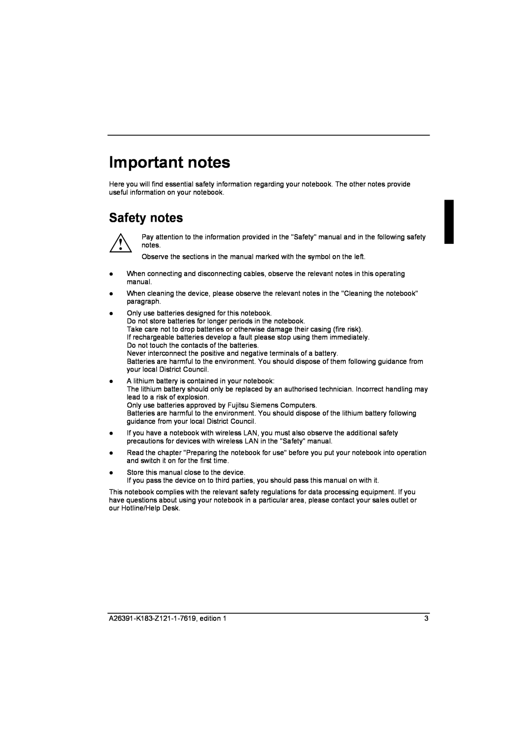 Fujitsu Siemens Computers V2035 manual Important notes, Safety notes 