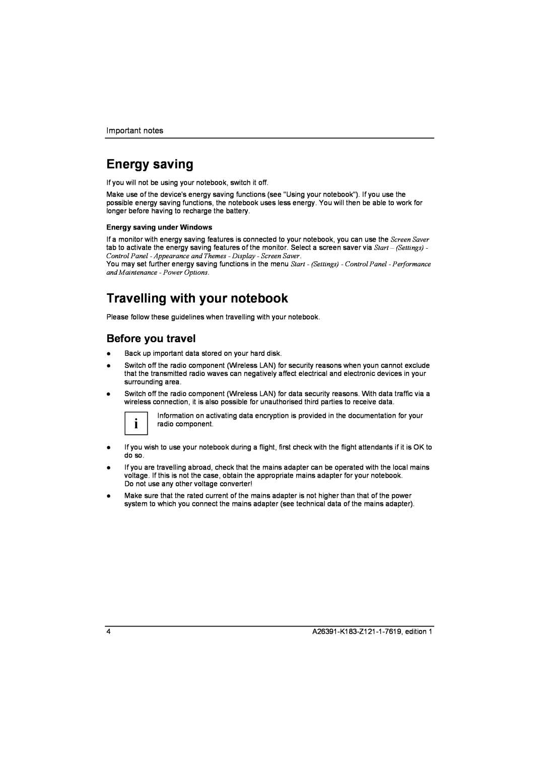 Fujitsu Siemens Computers V2035 manual Energy saving, Travelling with your notebook, Before you travel, Important notes 
