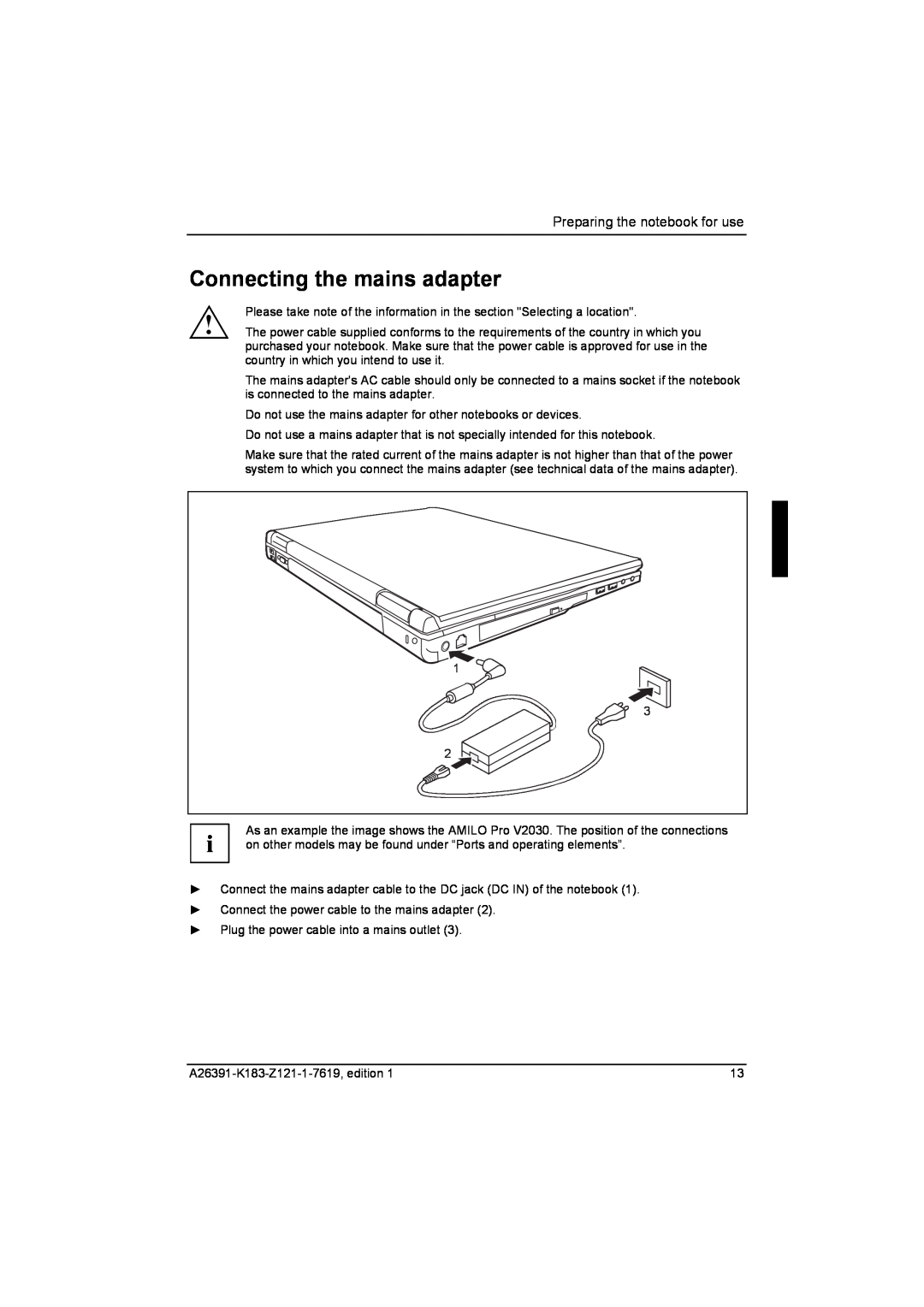Fujitsu Siemens Computers V2035 manual Connecting the mains adapter 