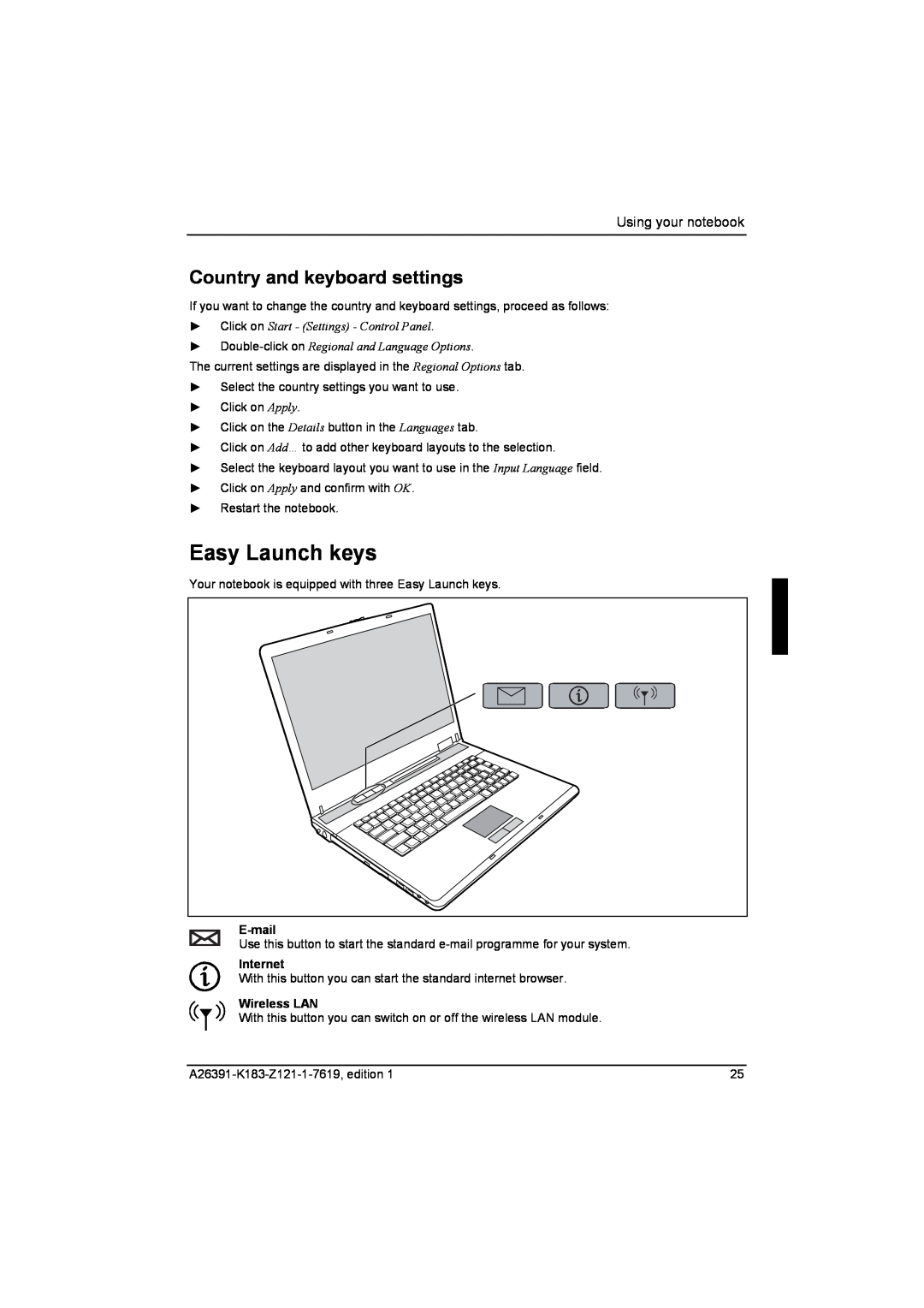 Fujitsu Siemens Computers V2035 Easy Launch keys, Country and keyboard settings, Click on Start - Settings - Control Panel 