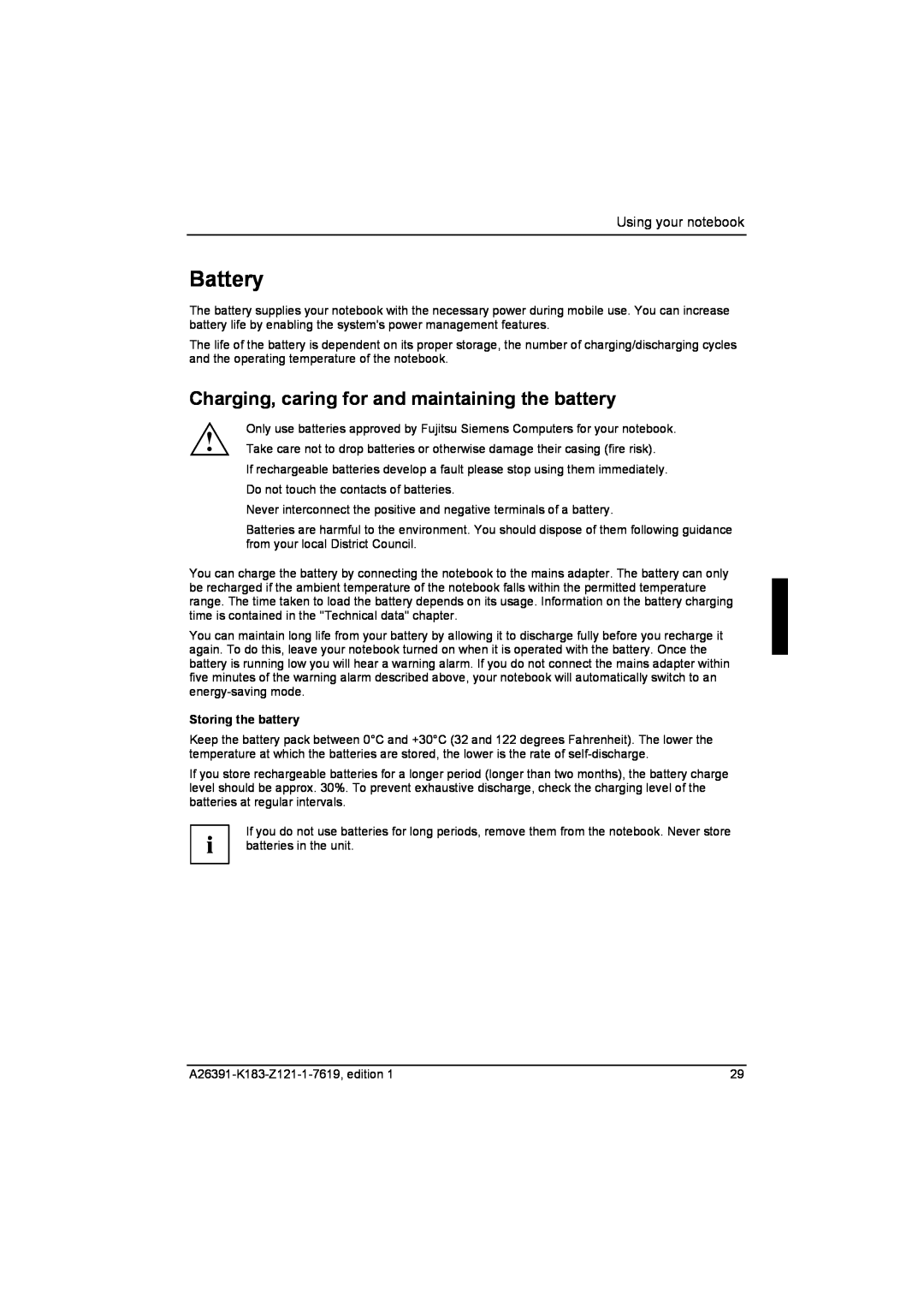 Fujitsu Siemens Computers V2035 manual Battery, Charging, caring for and maintaining the battery, Storing the battery 