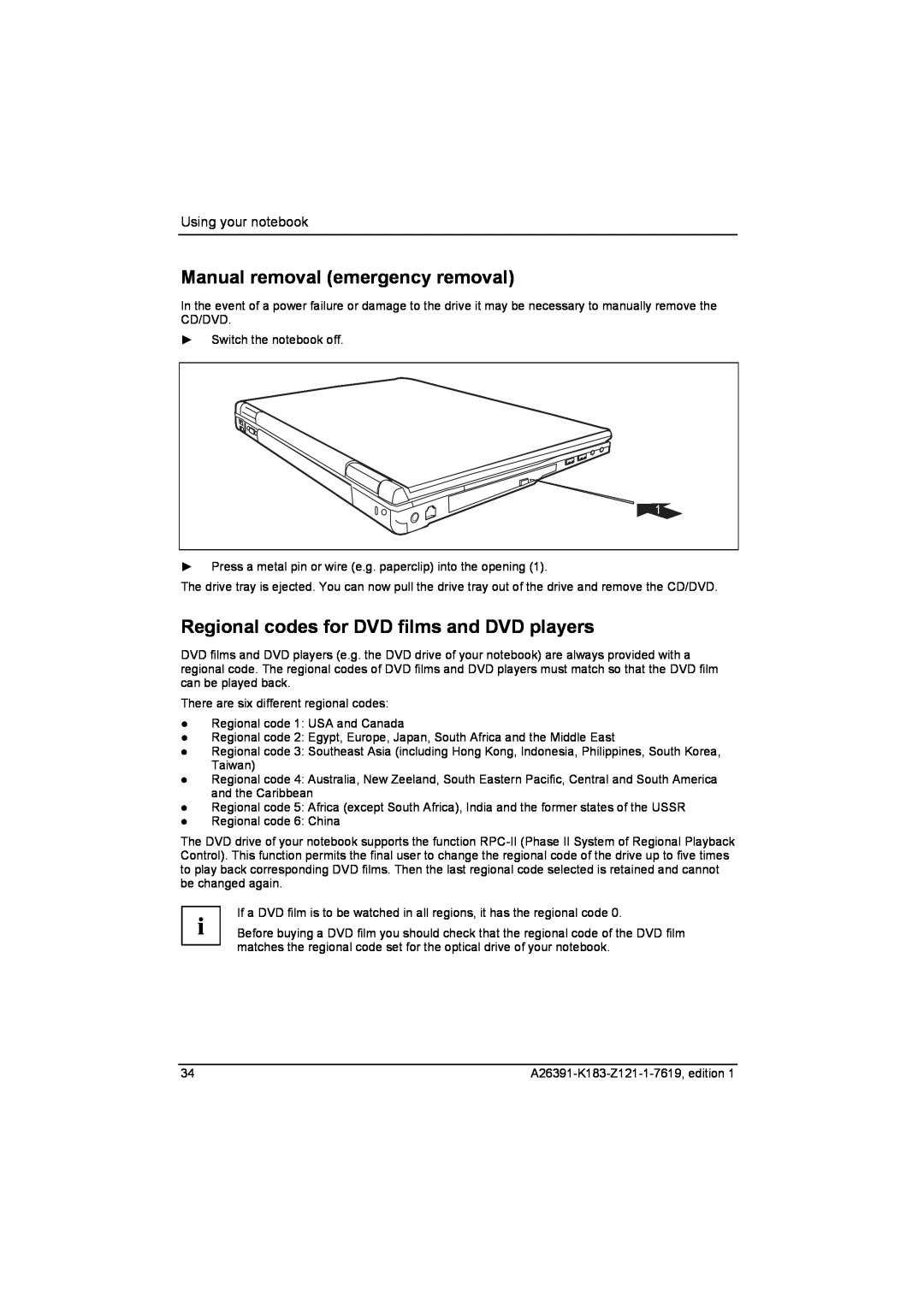 Fujitsu Siemens Computers V2035 manual Manual removal emergency removal, Regional codes for DVD films and DVD players 
