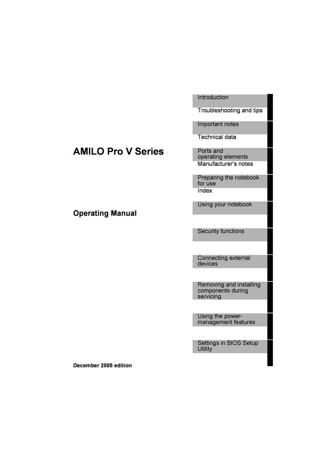 Fujitsu Siemens Computers V2035 AMILO Pro V Series, Operating Manual, Ports and operating elements Manufacturer’s notes 