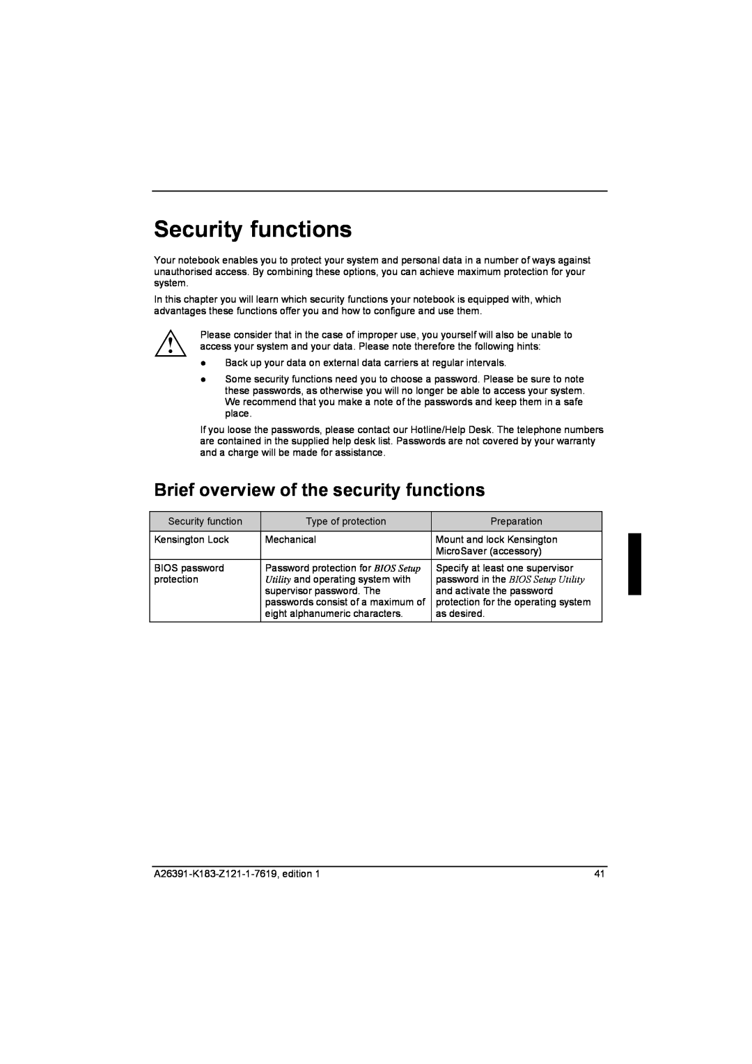 Fujitsu Siemens Computers V2035 manual Security functions, Brief overview of the security functions 