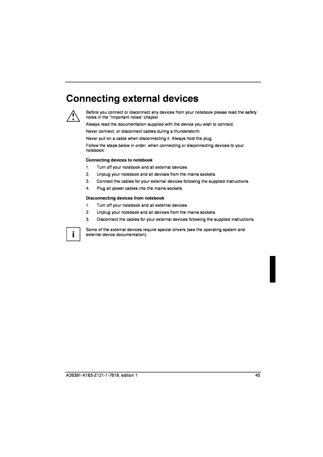 Fujitsu Siemens Computers V2035 manual Connecting external devices, Connecting devices to notebook 