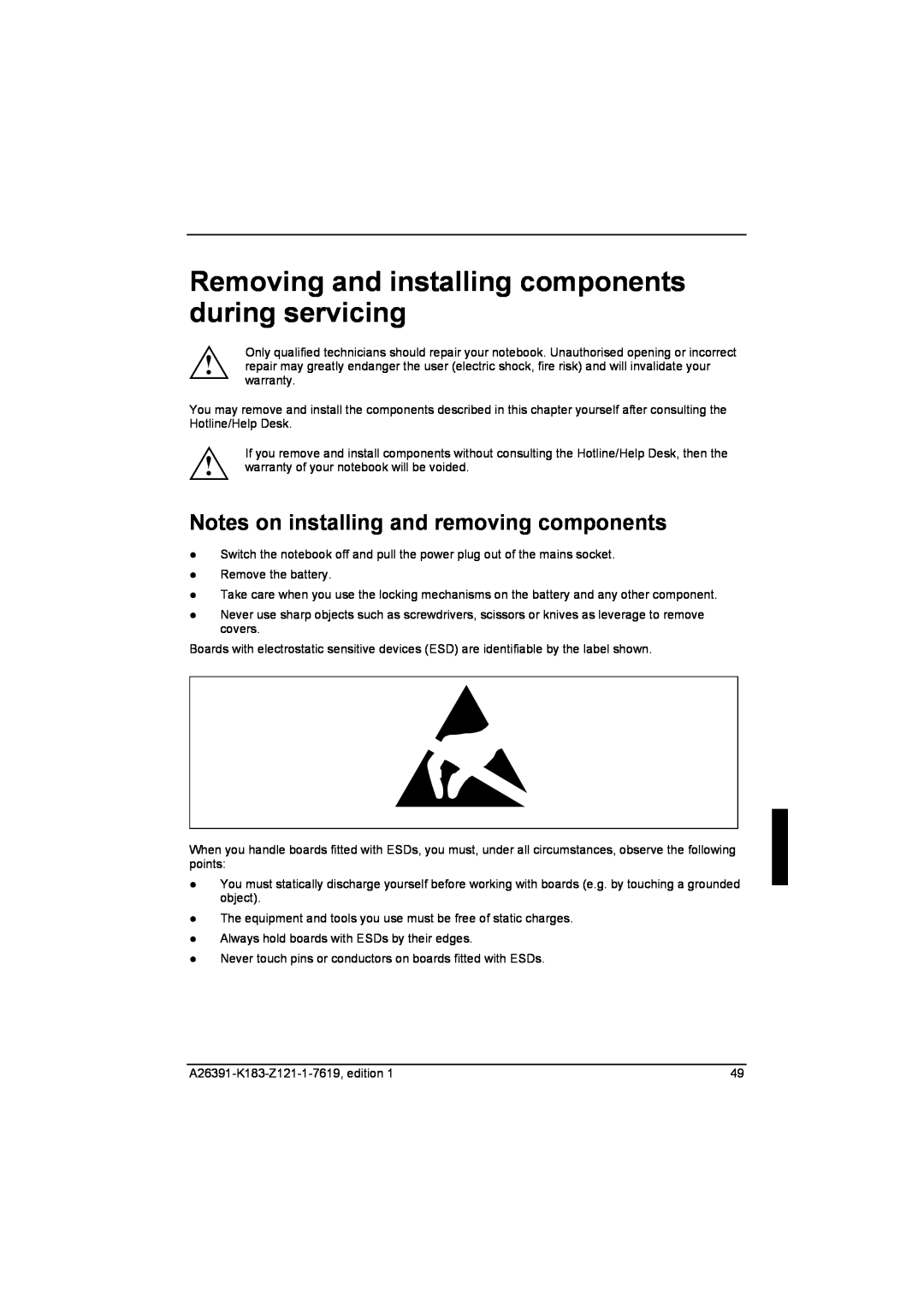 Fujitsu Siemens Computers V2035 manual Removing and installing components during servicing 