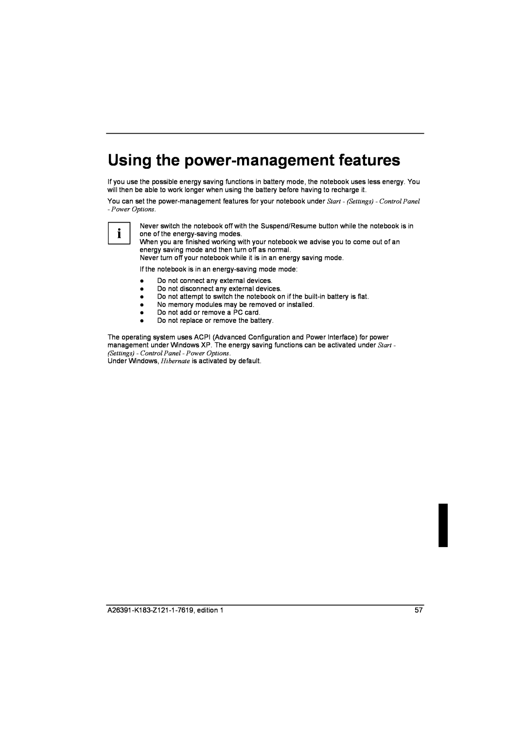 Fujitsu Siemens Computers V2035 manual Using the power-management features 