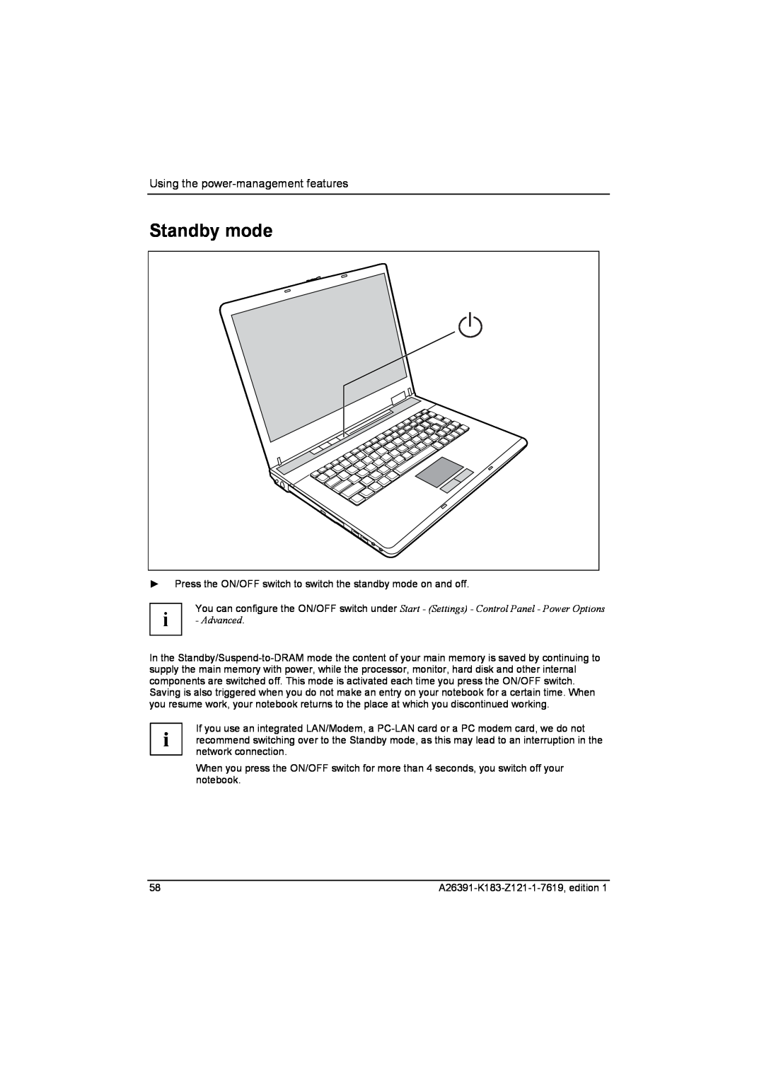 Fujitsu Siemens Computers V2035 manual Standby mode, Using the power-management features, i - Advanced 