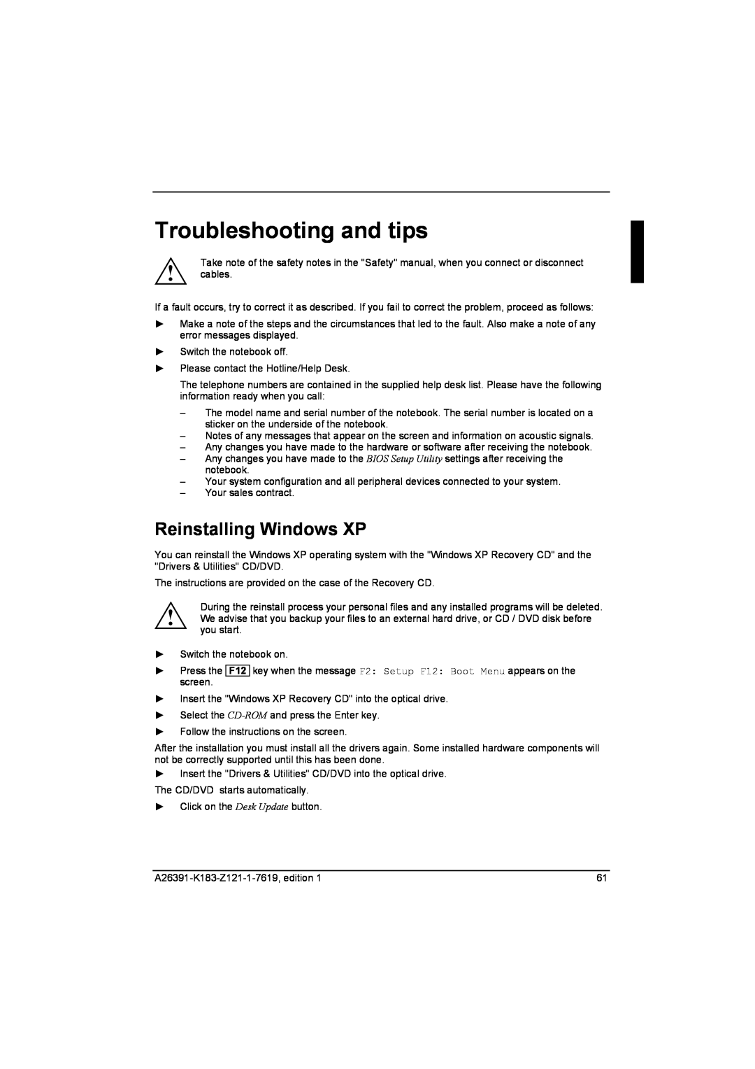 Fujitsu Siemens Computers V2035 manual Troubleshooting and tips, Reinstalling Windows XP 