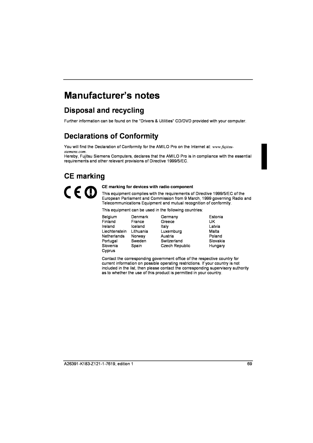 Fujitsu Siemens Computers V2035 manual Manufacturer’s notes, Disposal and recycling, Declarations of Conformity, CE marking 