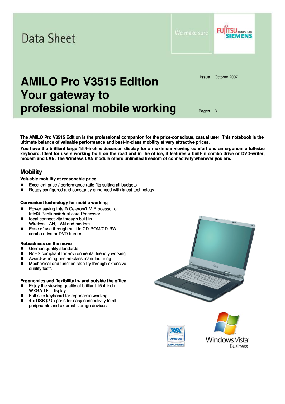 Fujitsu Siemens Computers manual AMILO Pro V3515 Edition Your gateway to professional mobile working, Mobility 