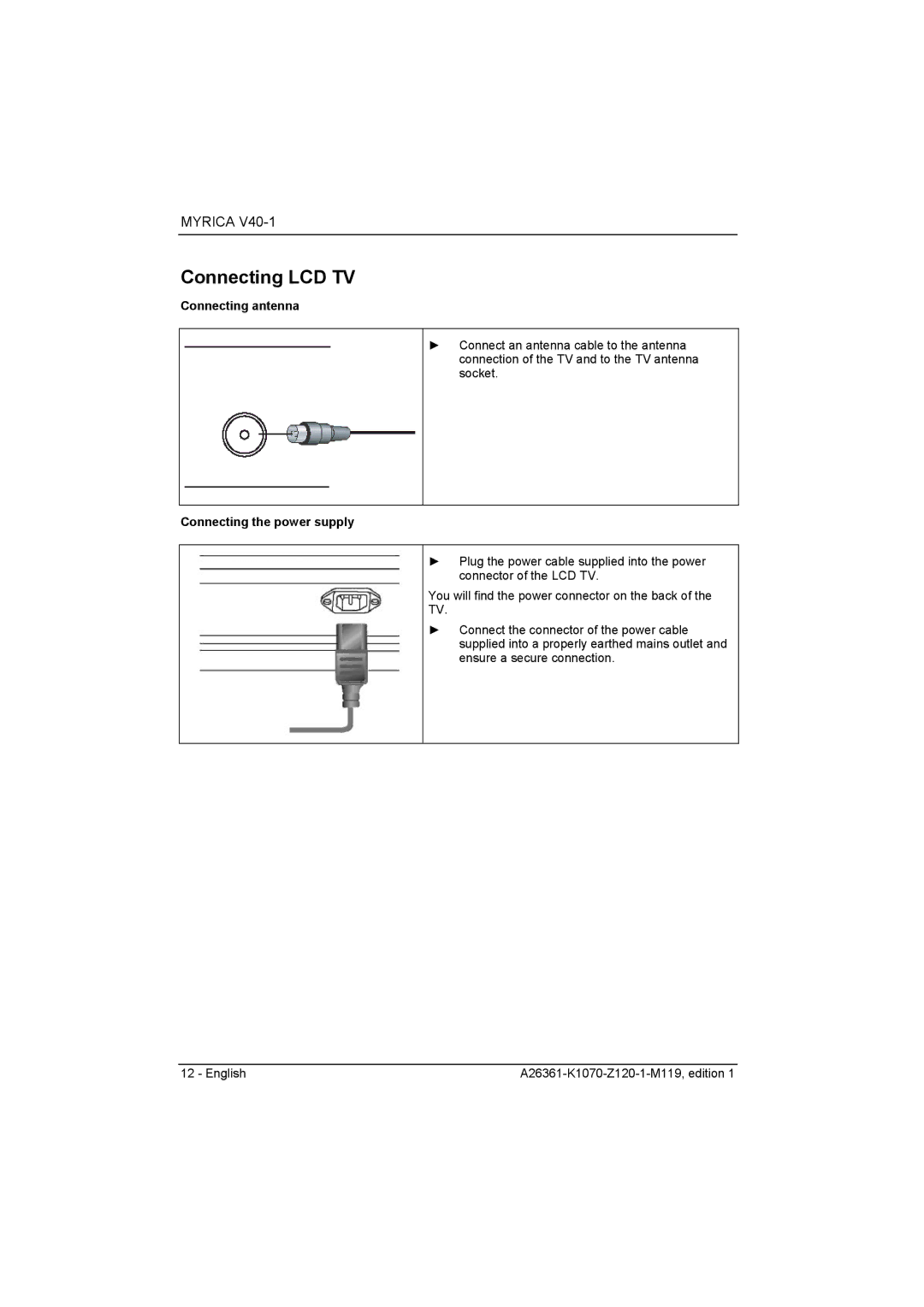 Fujitsu Siemens Computers V40-1 manual Connecting LCD TV, Connecting antenna, Connecting the power supply 