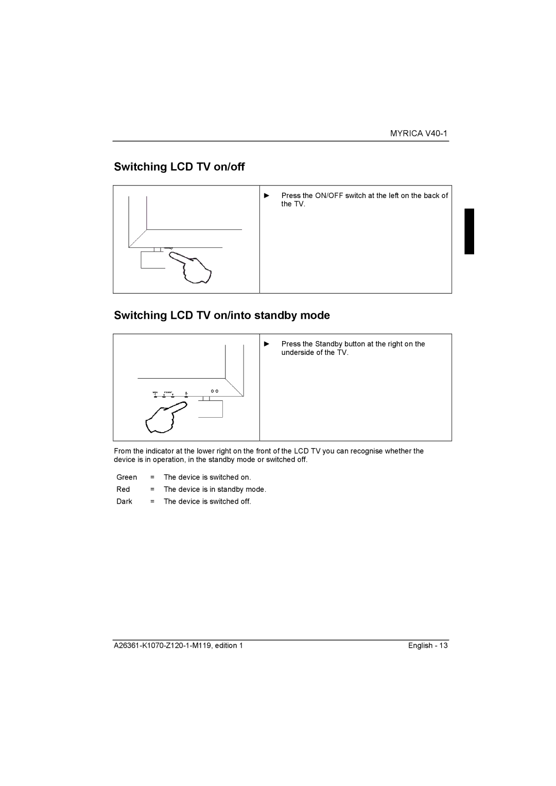 Fujitsu Siemens Computers V40-1 manual Switching LCD TV on/off, Switching LCD TV on/into standby mode 