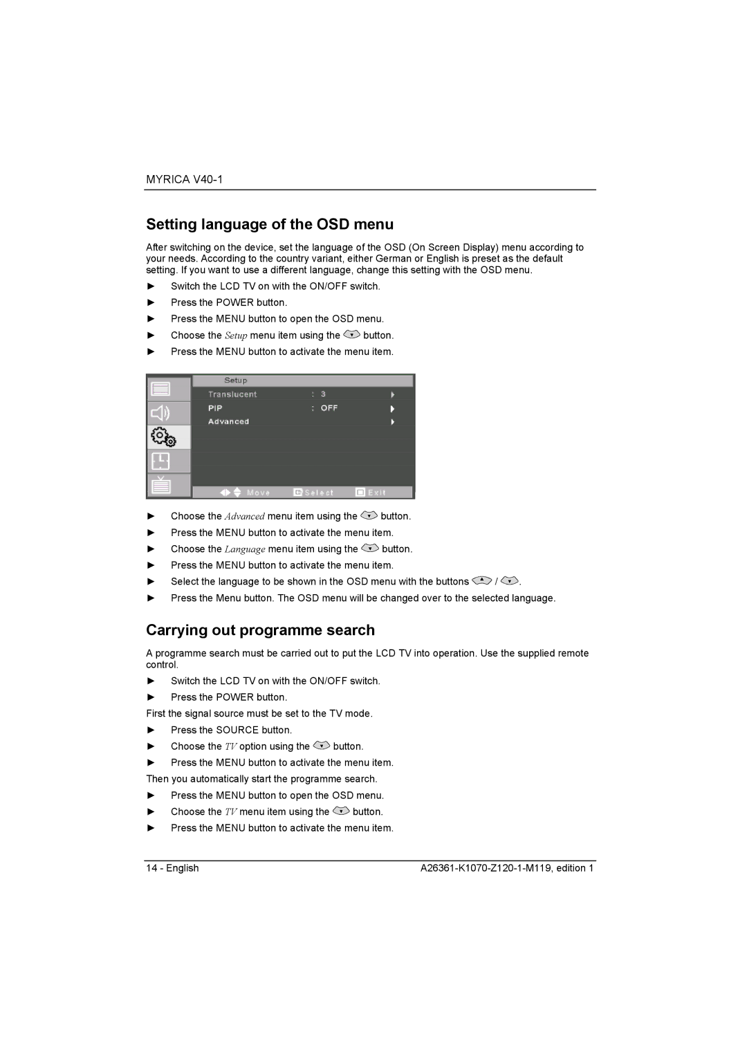 Fujitsu Siemens Computers V40-1 manual Setting language of the OSD menu, Carrying out programme search 