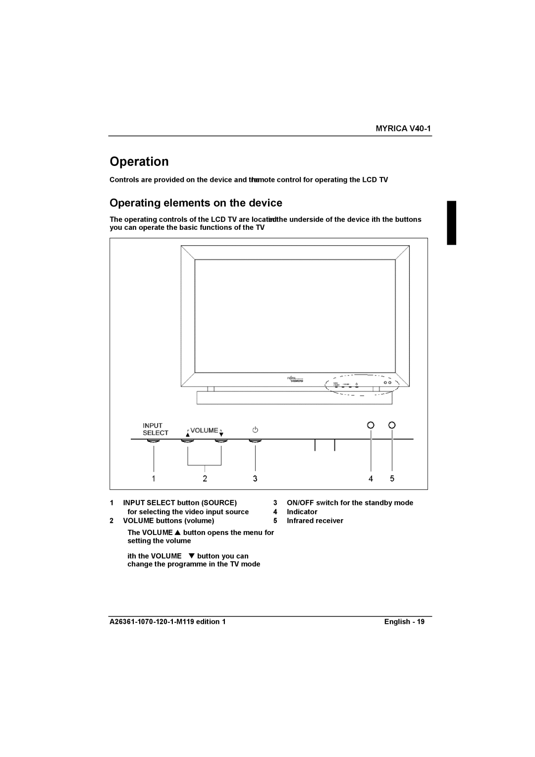 Fujitsu Siemens Computers V40-1 manual Operation, Operating elements on the device 