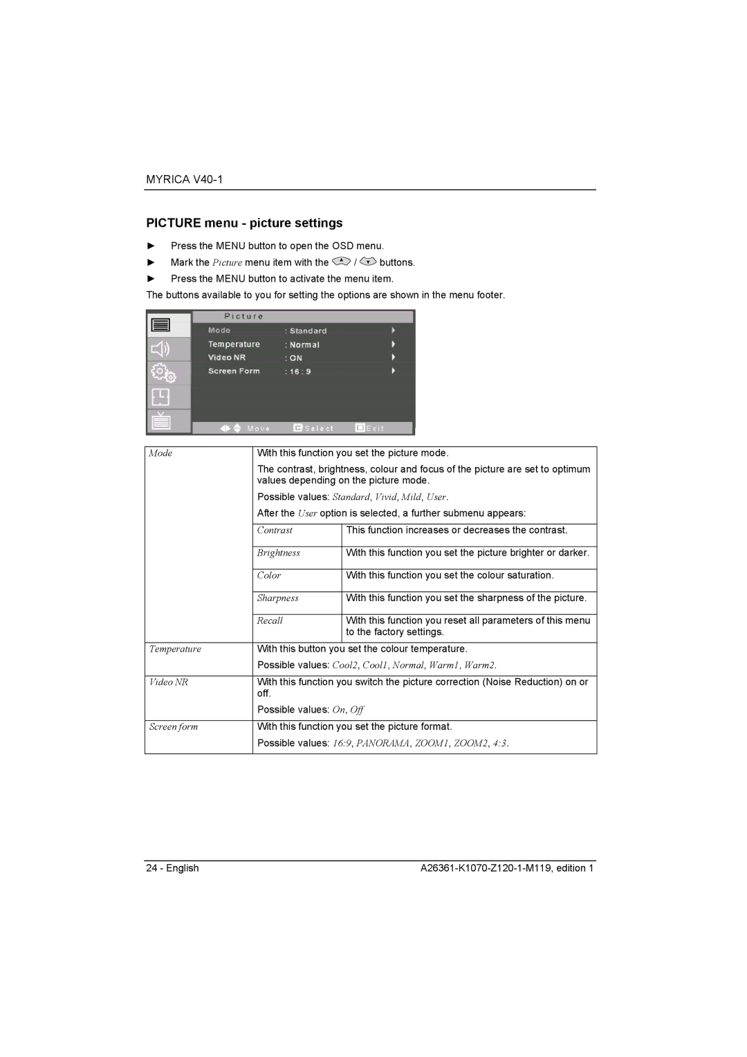 Fujitsu Siemens Computers V40-1 manual Picture menu picture settings 