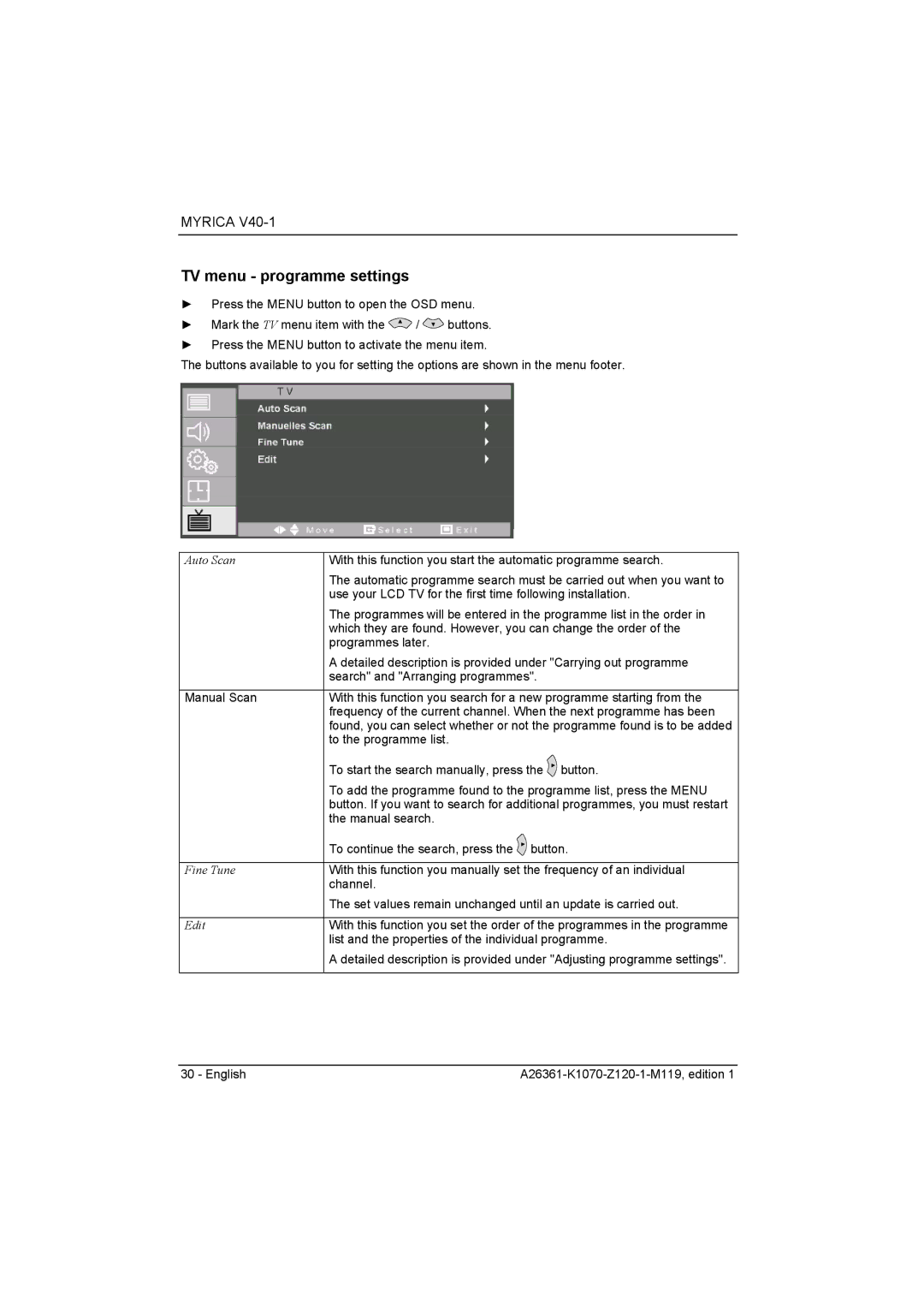 Fujitsu Siemens Computers V40-1 manual TV menu programme settings 