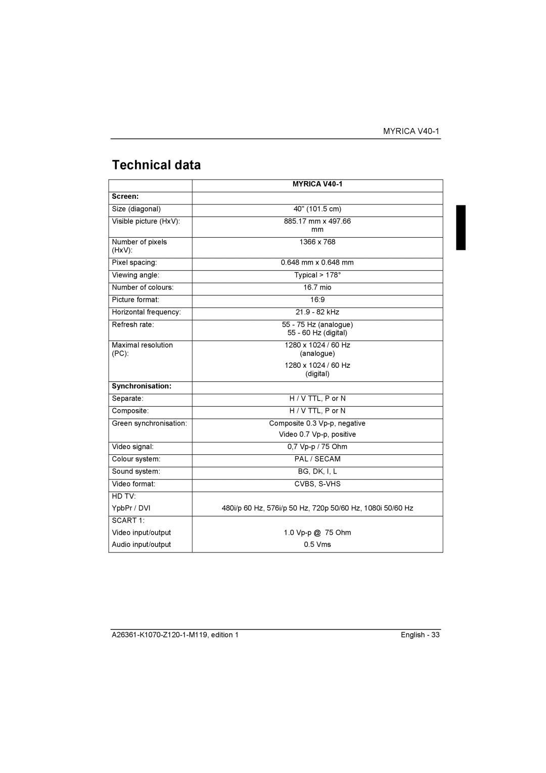 Fujitsu Siemens Computers V40-1 manual Technical data, Screen, Synchronisation, PAL / Secam, Hd Tv 