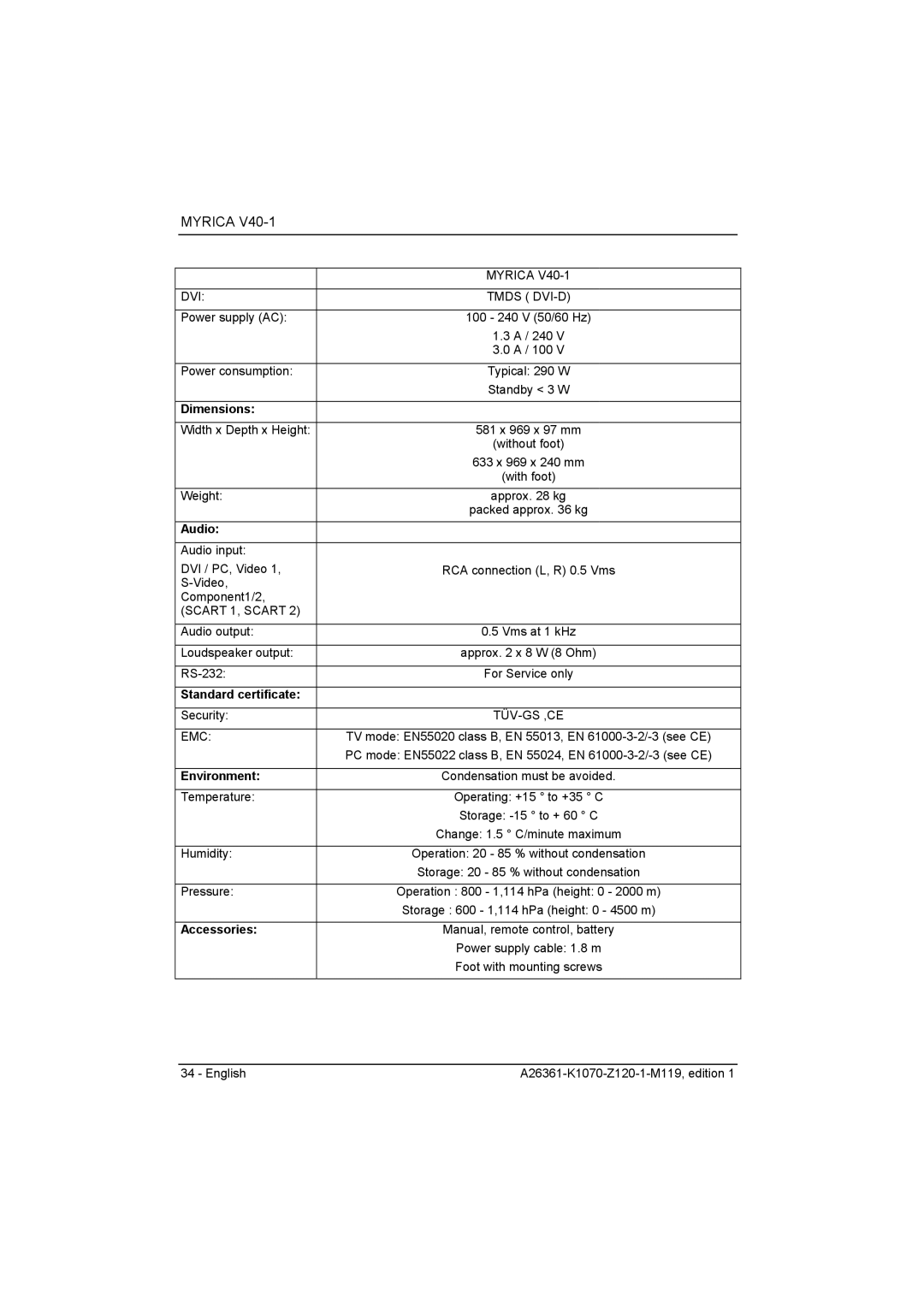 Fujitsu Siemens Computers V40-1 manual Dimensions, Audio, Standard certificate, Environment, Accessories 