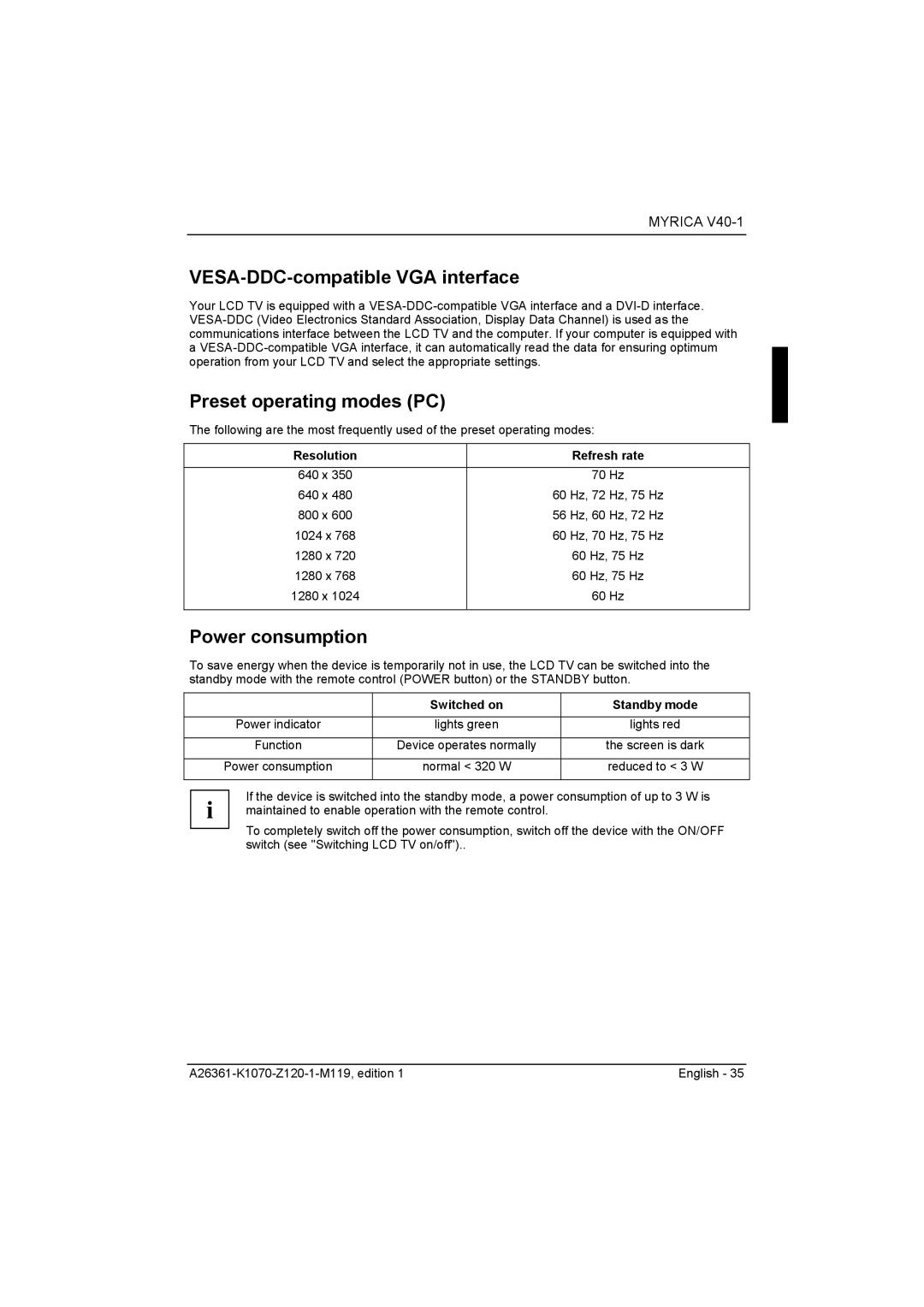 Fujitsu Siemens Computers V40-1 manual VESA-DDC-compatible VGA interface, Preset operating modes PC, Power consumption 