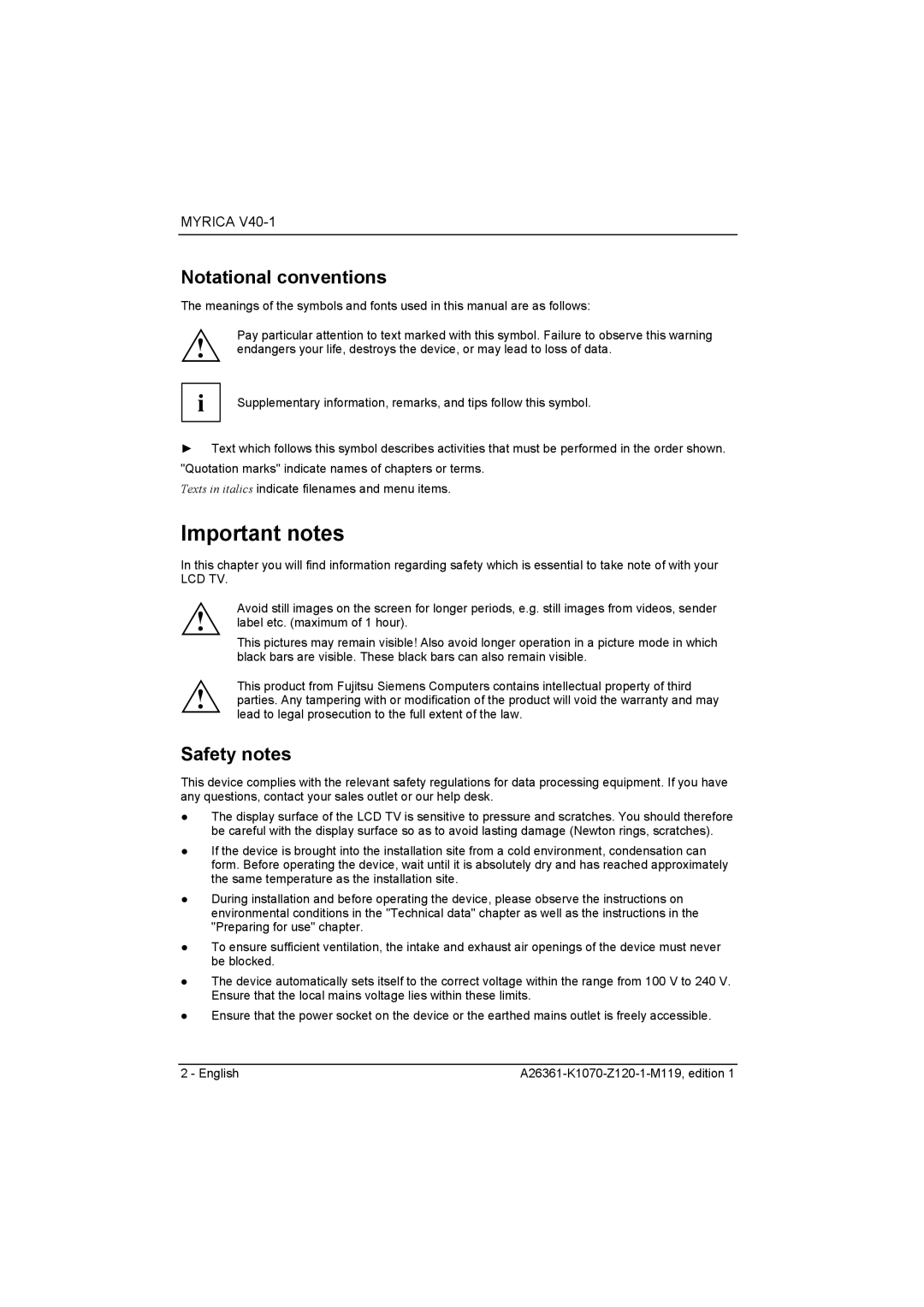 Fujitsu Siemens Computers V40-1 manual Important notes, Notational conventions, Safety notes, Lcd Tv 