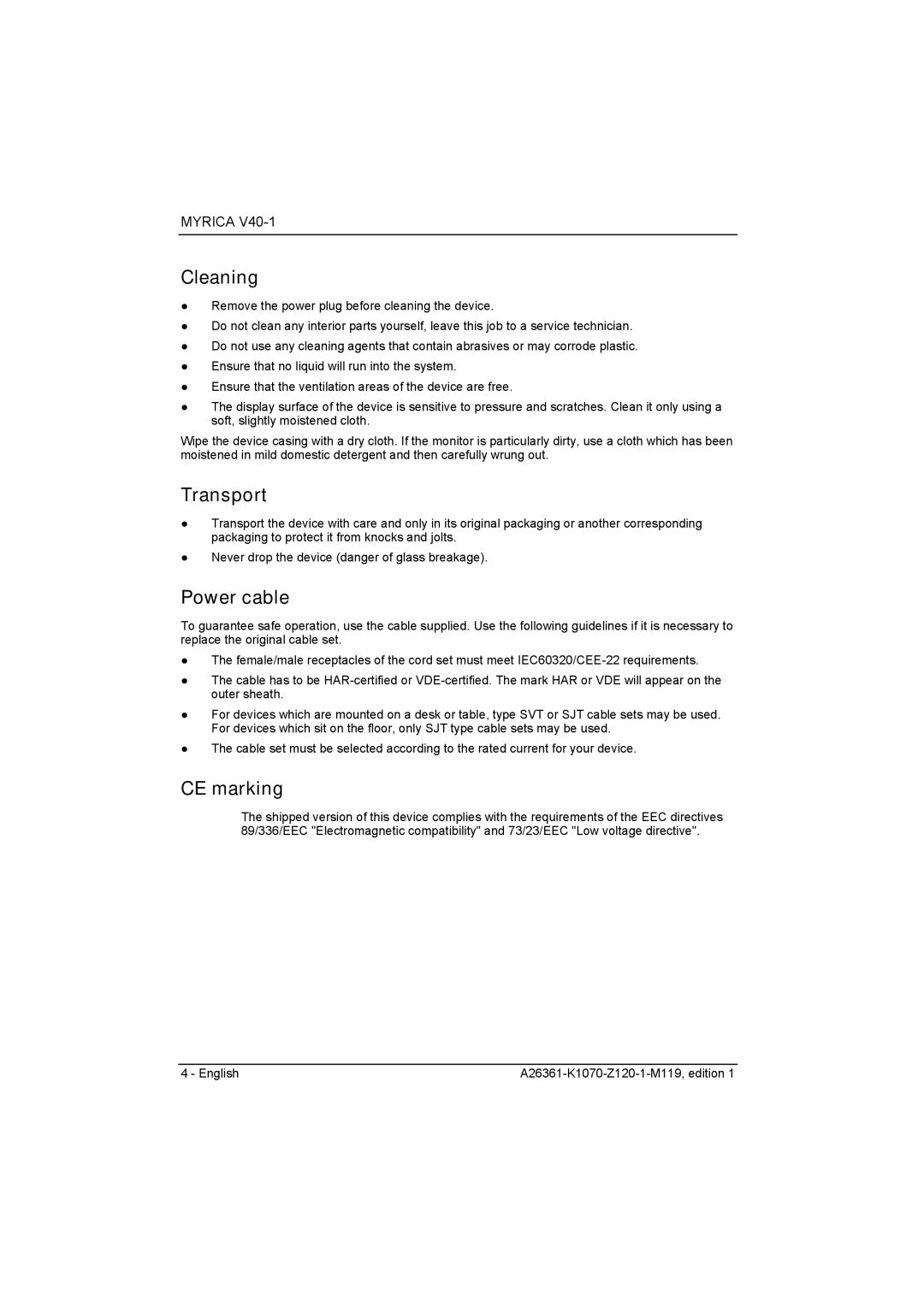 Fujitsu Siemens Computers V40-1 manual Cleaning, Transport, Power cable, CE marking 