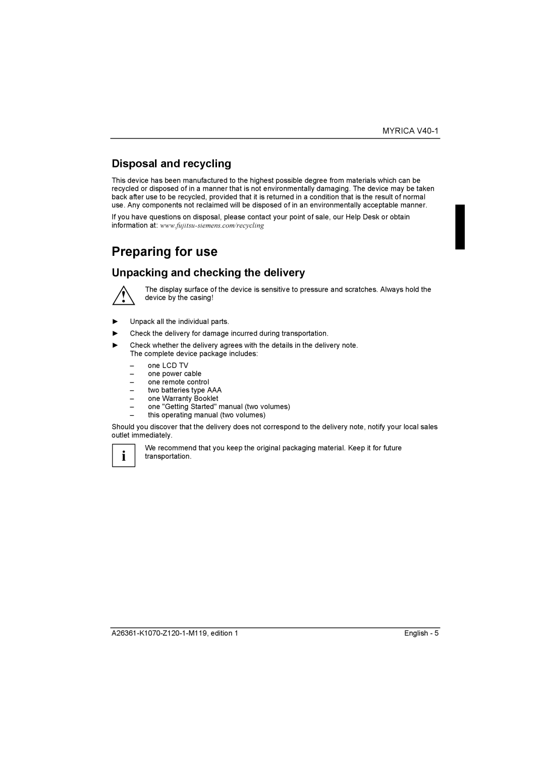 Fujitsu Siemens Computers V40-1 manual Preparing for use, Disposal and recycling, Unpacking and checking the delivery 