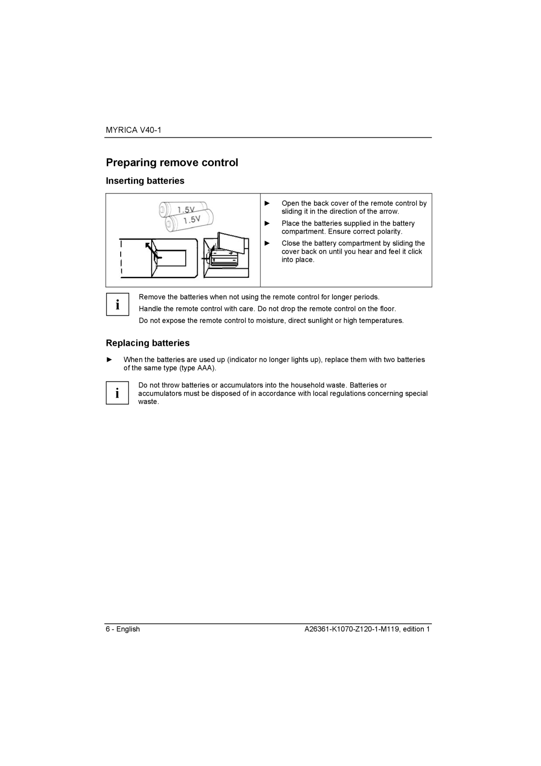 Fujitsu Siemens Computers V40-1 manual Preparing remove control, Inserting batteries, Replacing batteries 