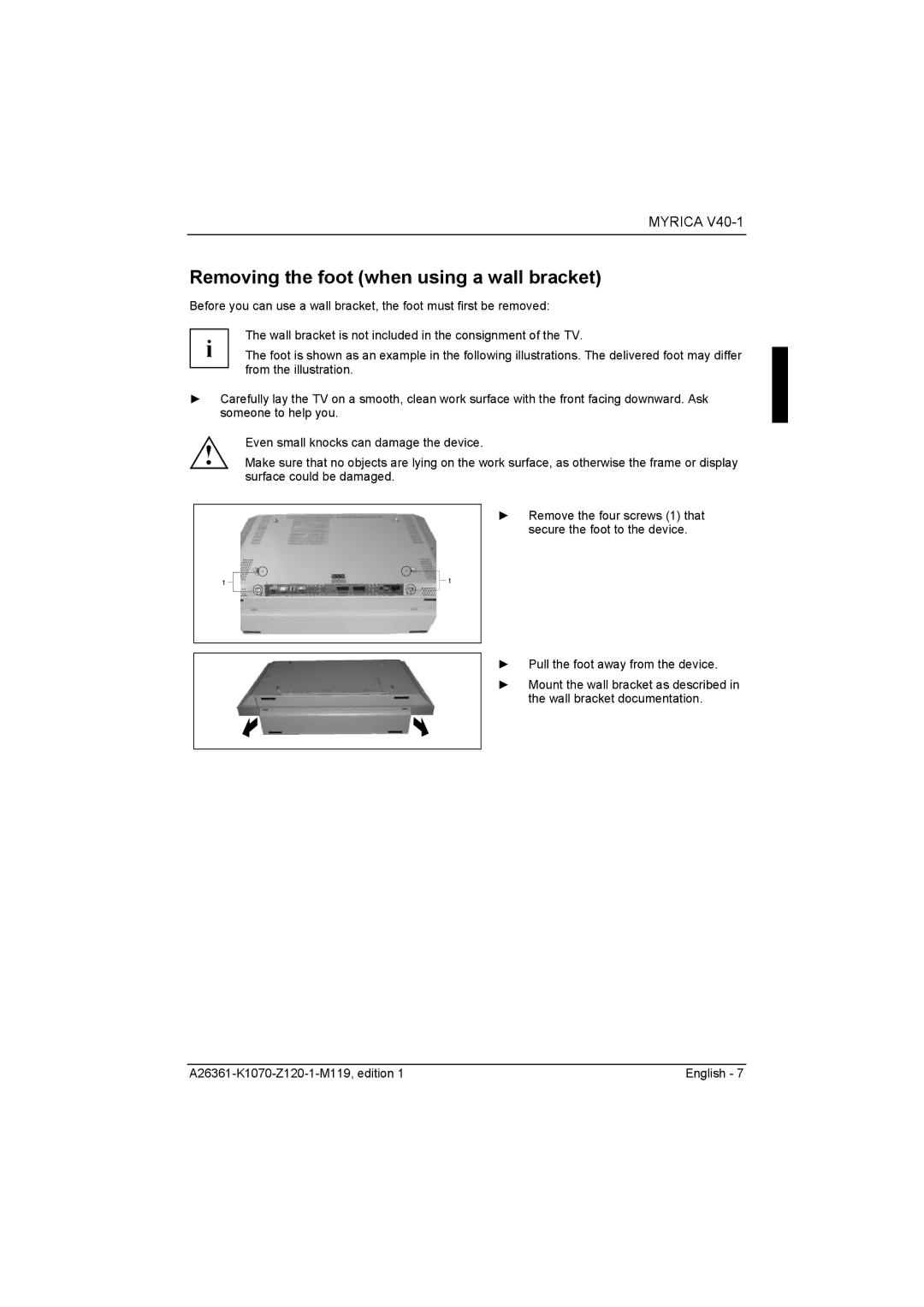 Fujitsu Siemens Computers V40-1 manual Removing the foot when using a wall bracket 