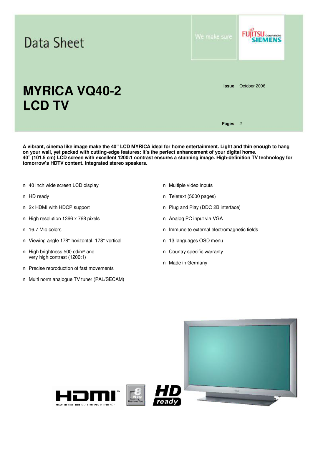 Fujitsu Siemens Computers warranty Myrica VQ40-2 LCD TV 