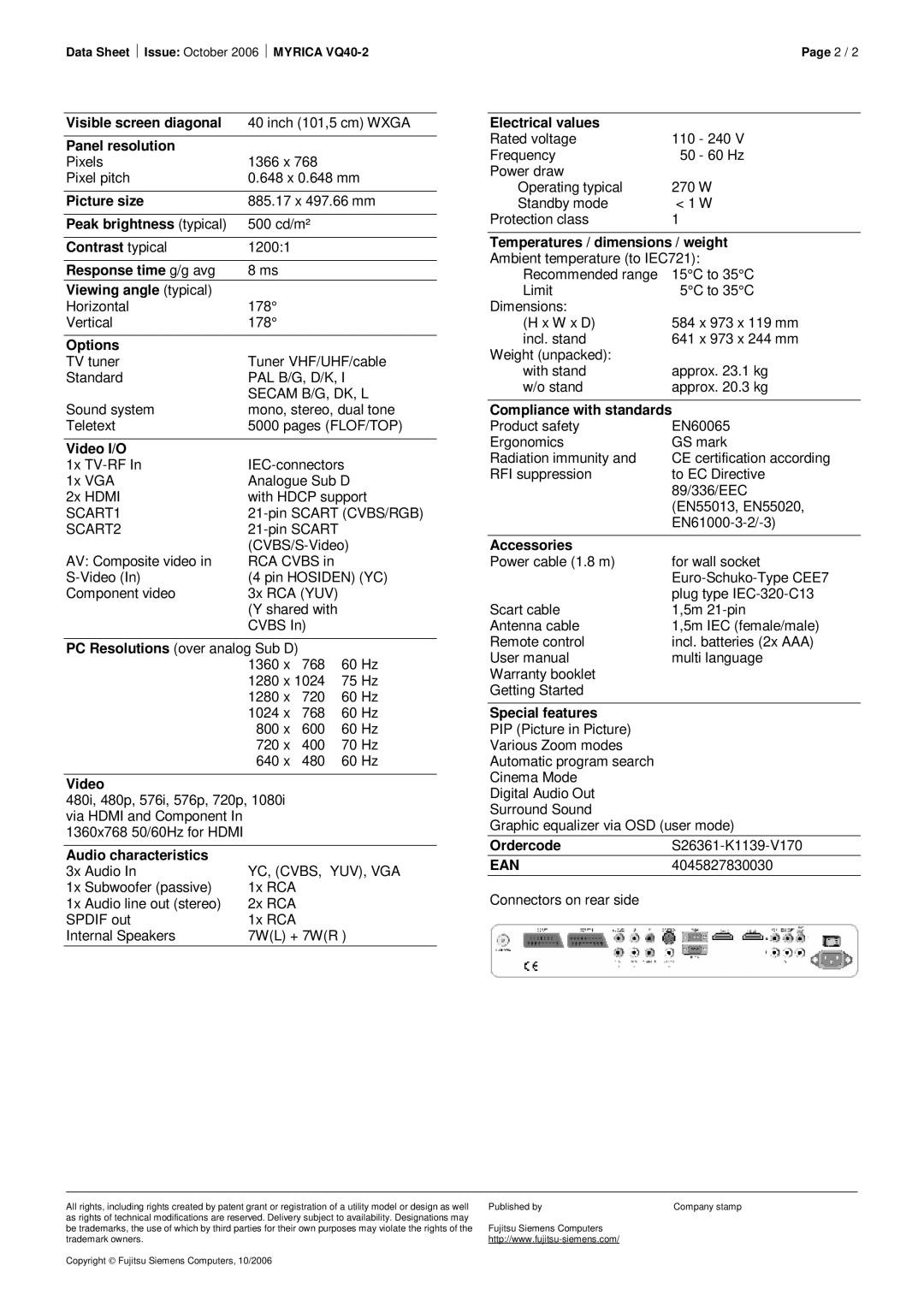 Fujitsu Siemens Computers VQ40-2 Visible screen diagonal, Panel resolution, Picture size, Peak brightness typical, Options 