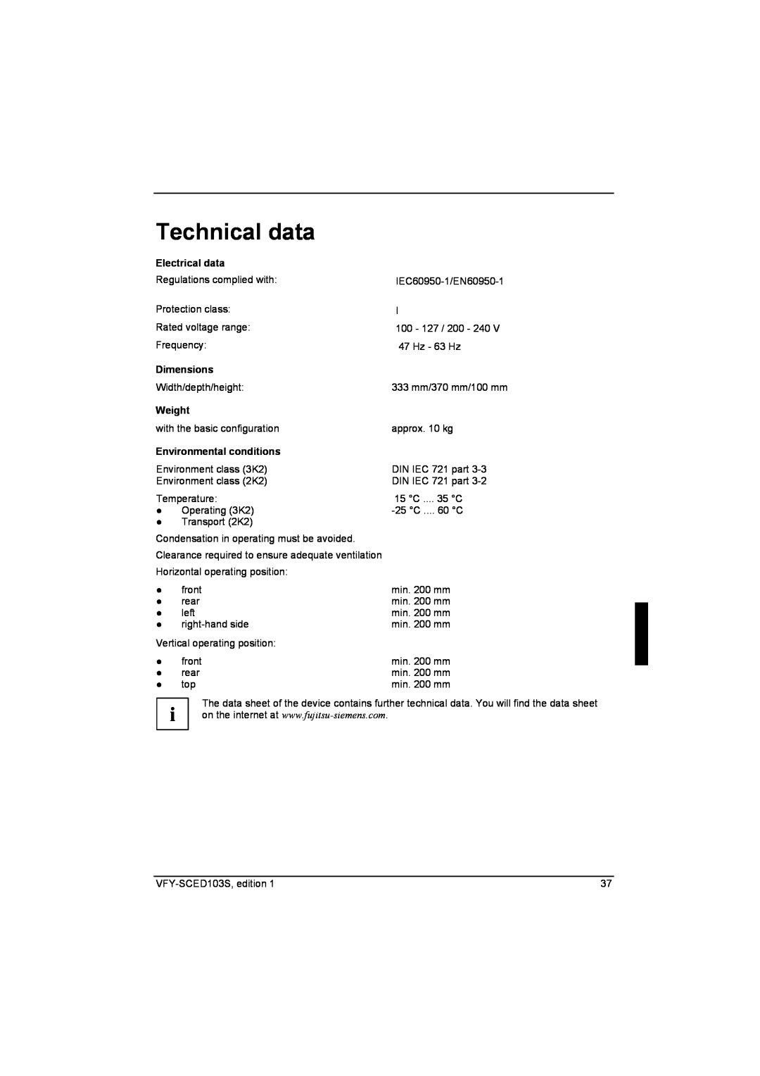 Fujitsu Siemens Computers X103 SFF manual Technical data, Electrical data, Dimensions, Weight, Environmental conditions 