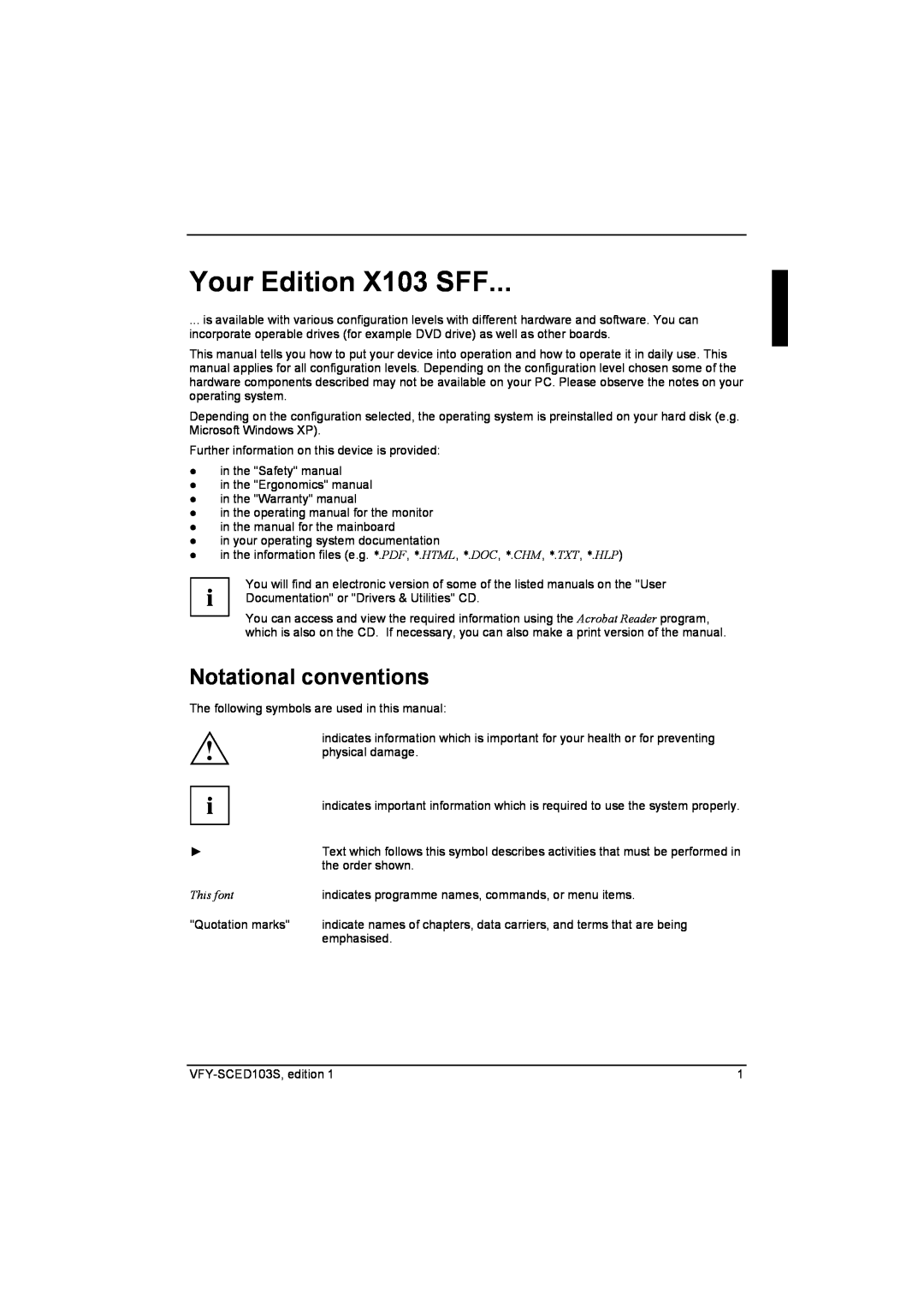 Fujitsu Siemens Computers manual Your Edition X103 SFF, Notational conventions, This font 