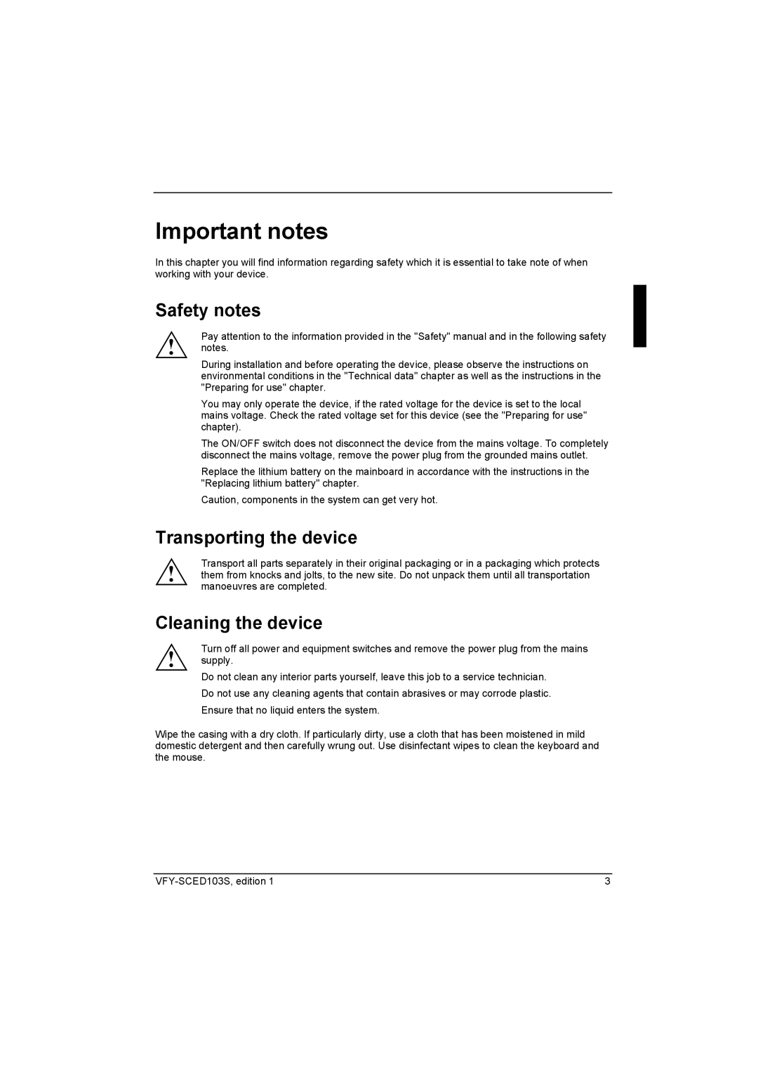 Fujitsu Siemens Computers X103 SFF manual Important notes, Safety notes, Transporting the device, Cleaning the device 