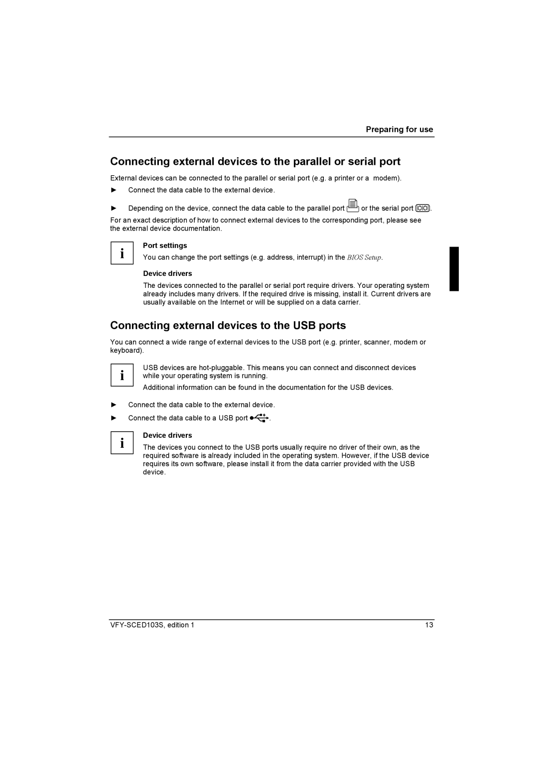 Fujitsu Siemens Computers X103 SFF manual Connecting external devices to the parallel or serial port, Port settings 