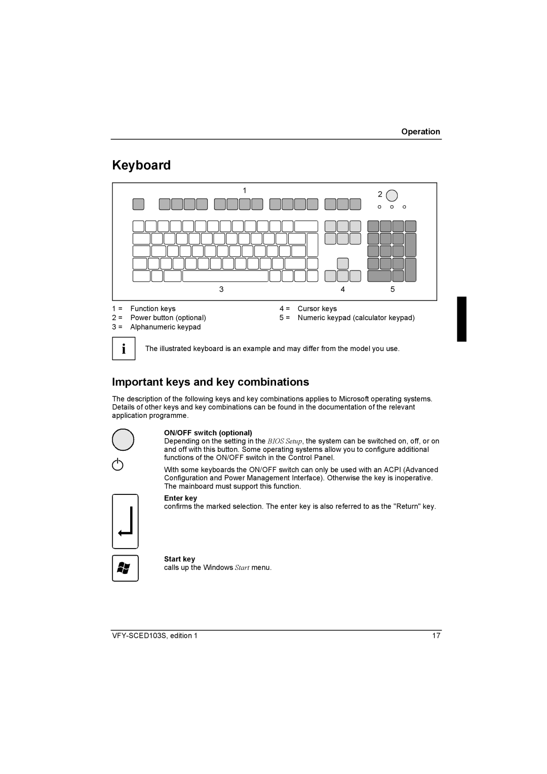 Fujitsu Siemens Computers X103 SFF manual Keyboard, Important keys and key combinations, ON/OFF switch optional, Enter key 