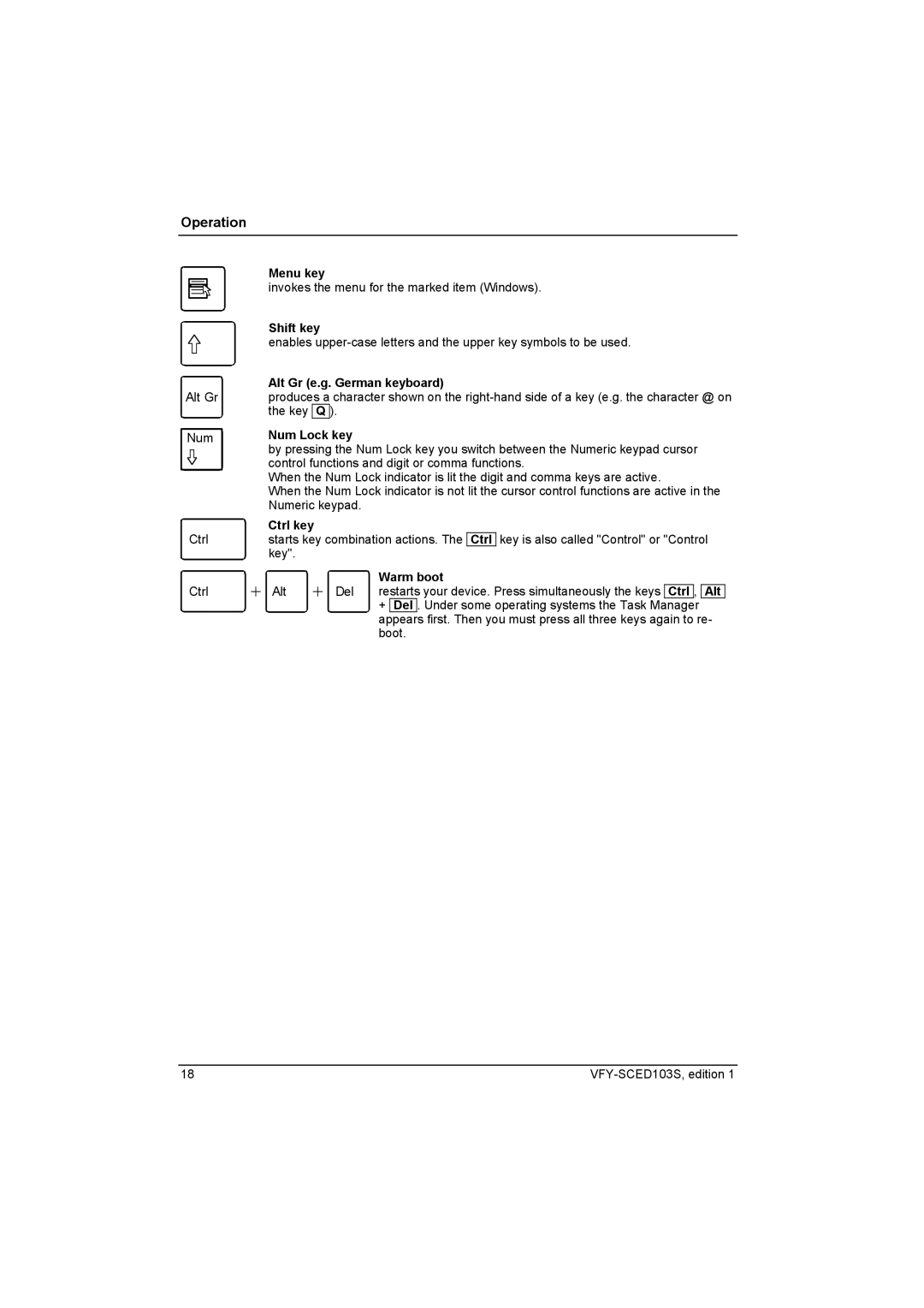 Fujitsu Siemens Computers X103 SFF Menu key, Shift key, Alt Gr e.g. German keyboard, Num Lock key, Ctrl key, Warm boot 